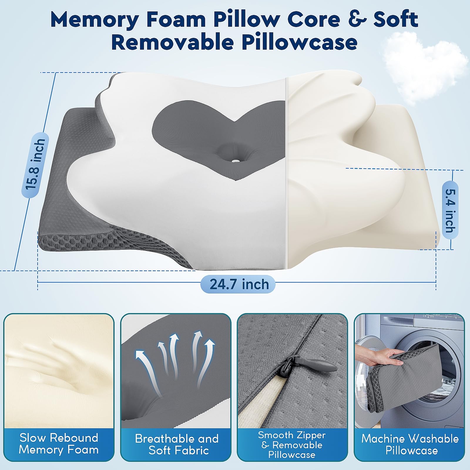 CushZone Cervical Neck Pillow, Memory Foam Neck Support Pillows for Sleeping, Shoulder Pillow for Side Sleepers, Back Stomach Sleepers, CertiPUR-US Certified, Queen Size, Grey - Medaid International
