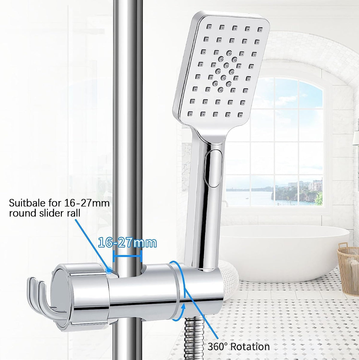 TERRIFI Shower Head Holder, Shower Holder Bracket 16-27 mm Diameter Chrome-Plated + ABS Design Hand Adjustable Shower Head Holders Replacement Easy Installation for Slide Rod Includes 2 Hooks