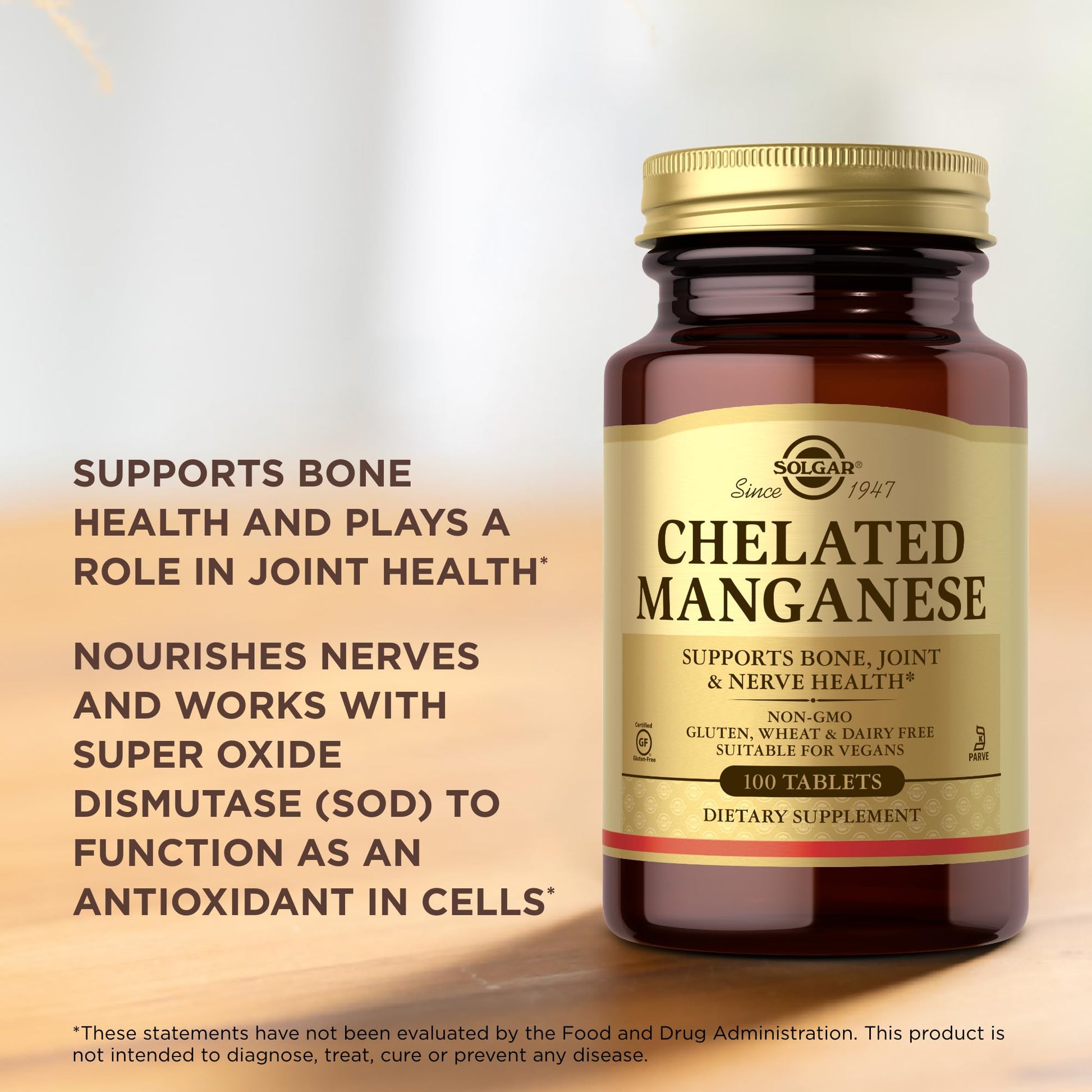 Solgar Chelated Manganese - 100 Tablets - Supports Bone, Joint & Nerve Health - Non-GMO, Vegan, Gluten Free, Dairy Free, Kosher - 100 Servings - Medaid International