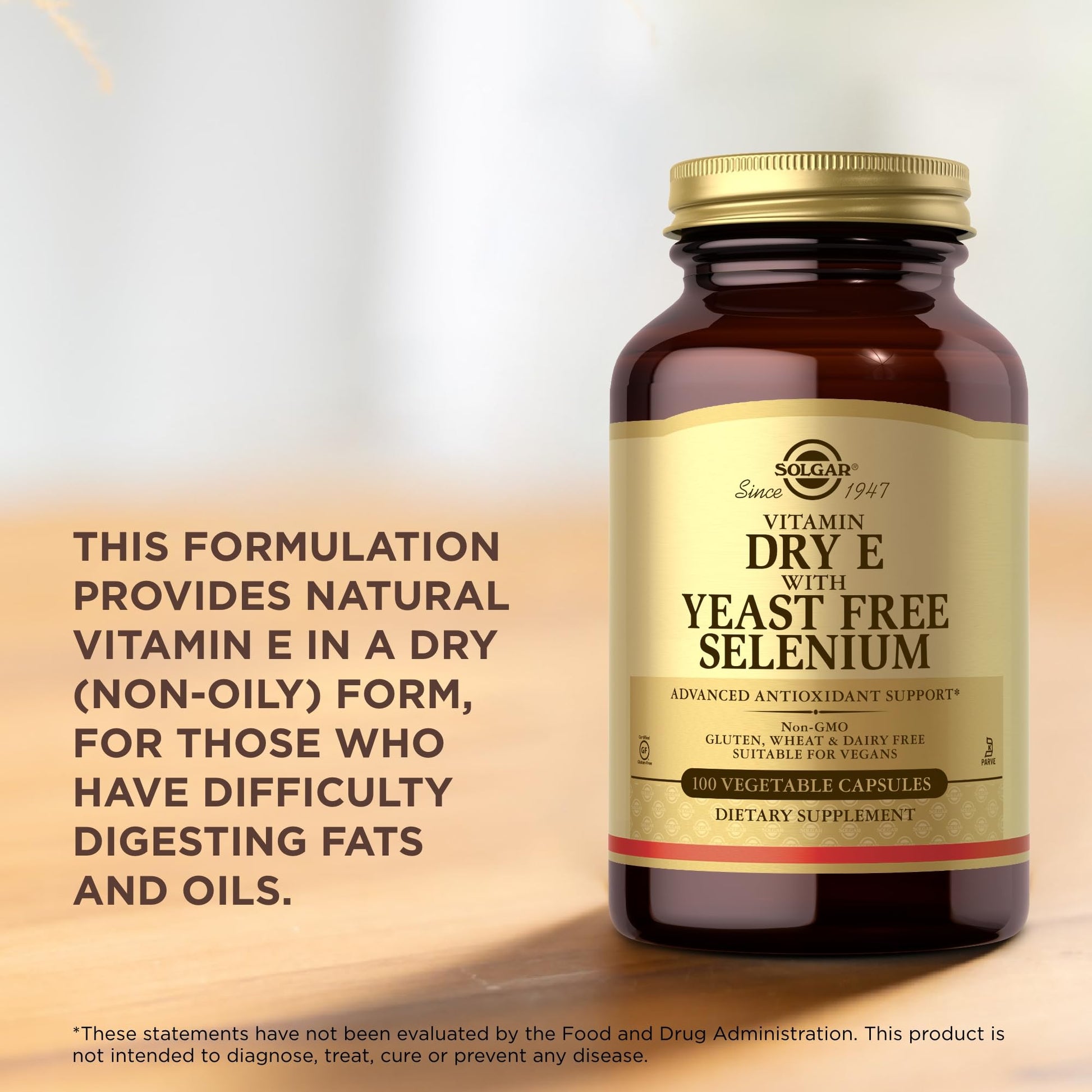 Solgar Dry Vitamin E with Yeast-Free Selenium - 100 Vegetable Capsules - Advanced Antioxidant Support - Non-GMO, Vegan, Gluten Free, Dairy Free, Kosher - 50 Servings - Medaid International
