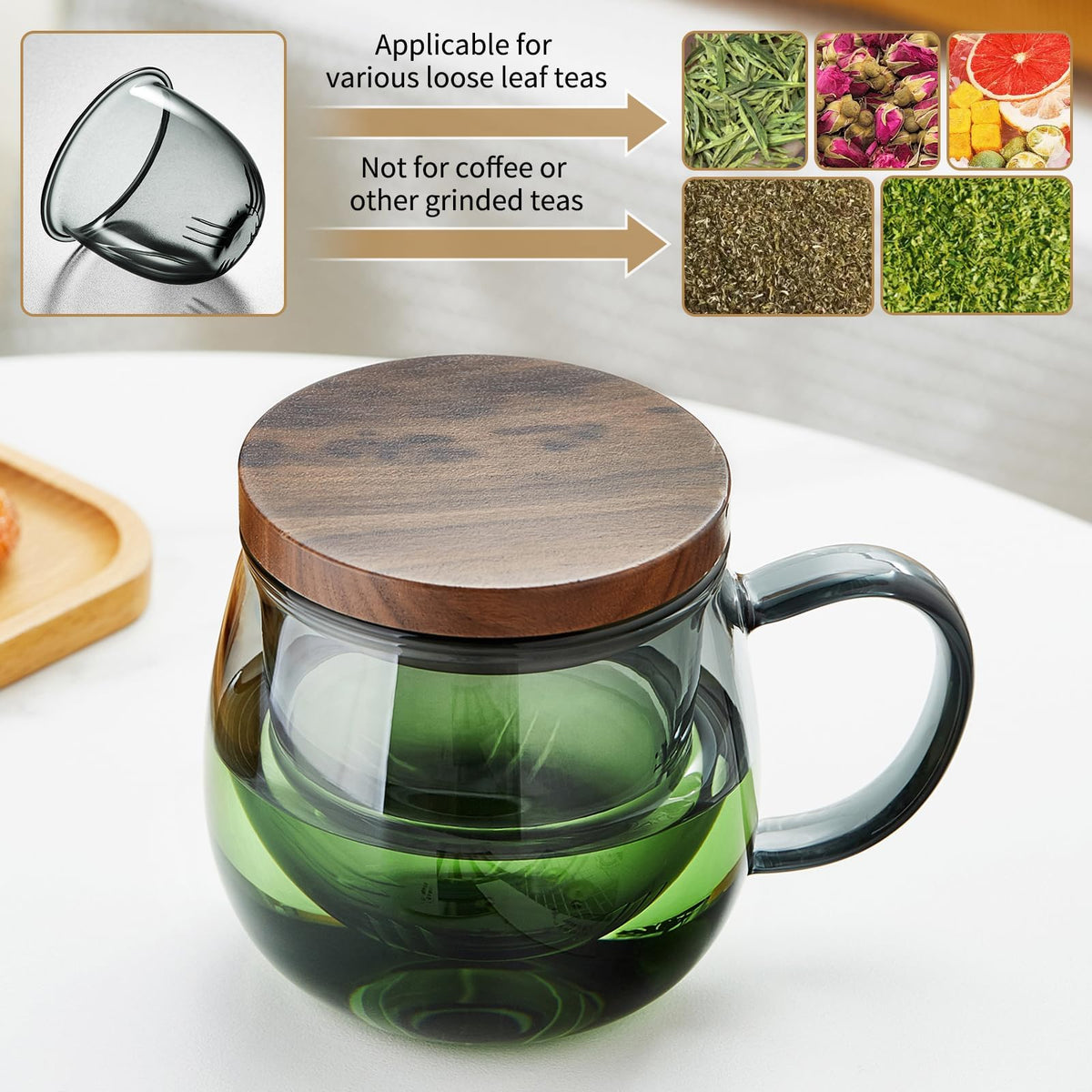 KASTWAVE 17oz (500ml) Borosilicate Glass Tea Cup with Infuser & Lid - Large Clear Mug for Loose Leaf & Blooming Tea, Tea Bags, Tea Bags - Perfect Christmas or Birthday Gift