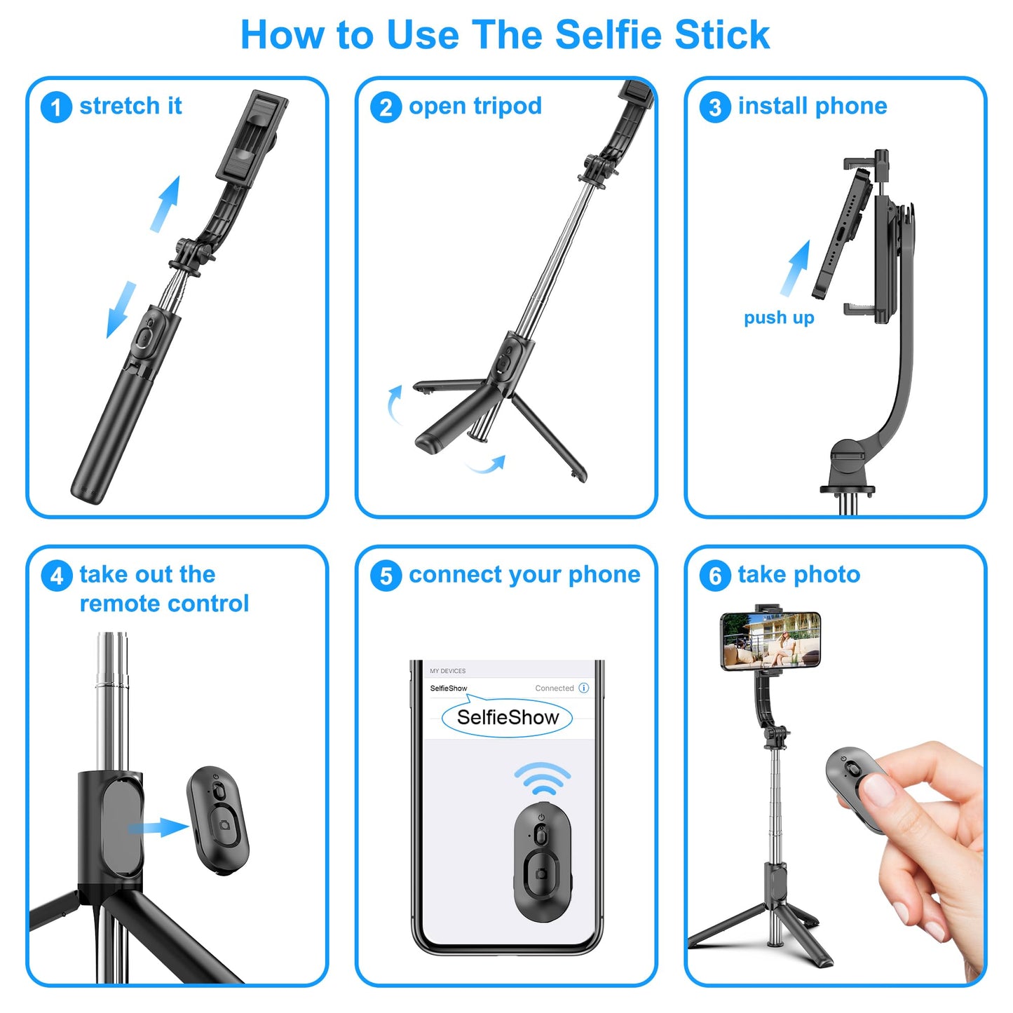 SelfieShow Selfie Stick, Extendable Selfie Stick Tripod with Wireless Remote and Tripod Stand, Portable, Lightweight, Compatible with iPhone 15 14 13 12 Pro Xs Max X 8Plus, Samsung Smartphone and More - Medaid International