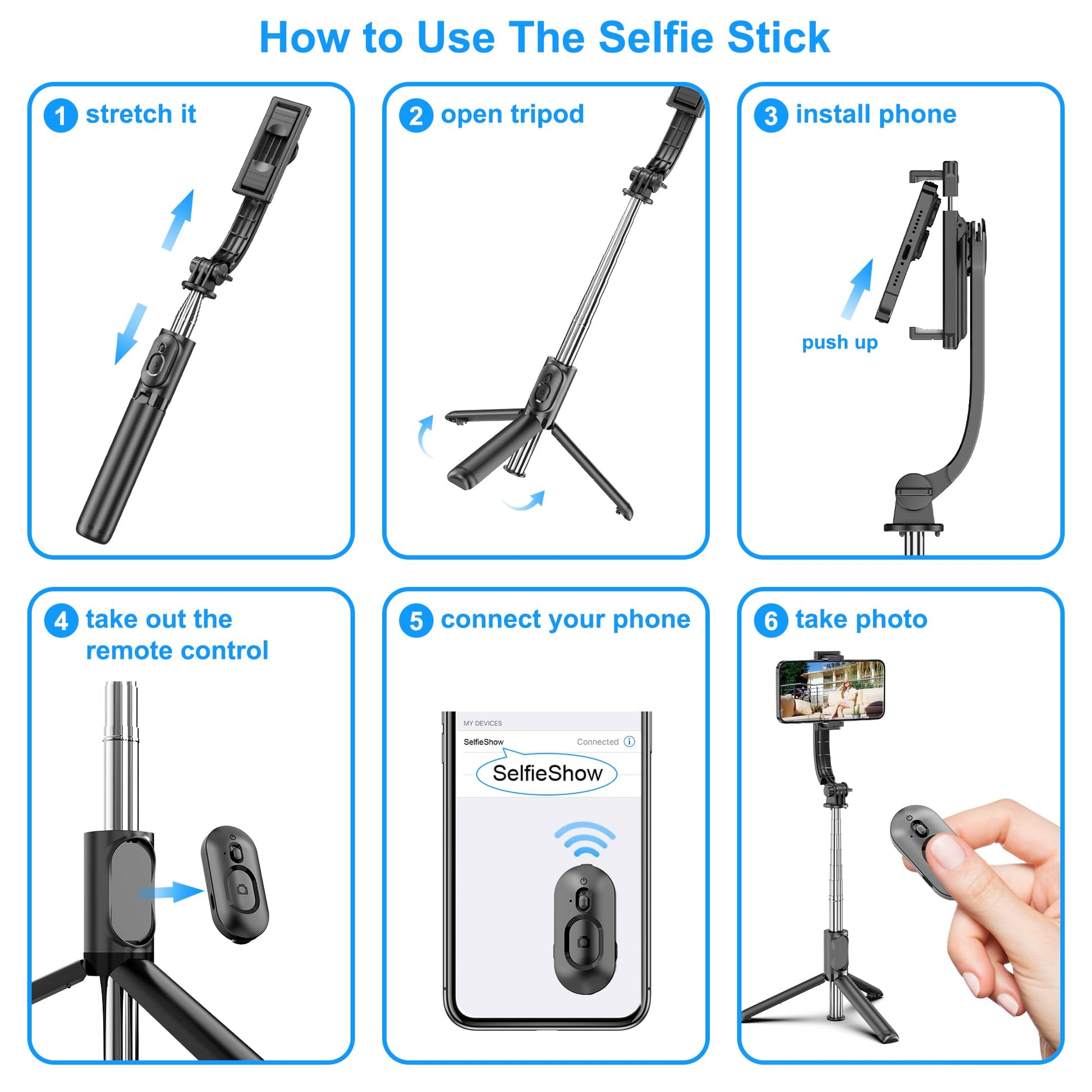 SelfieShow Selfie Stick, Extendable Selfie Stick Tripod with Wireless Remote and Tripod Stand, Portable, Lightweight, Compatible with iPhone 15 14 13 12 Pro Xs Max X 8Plus, Samsung Smartphone and More - Medaid International