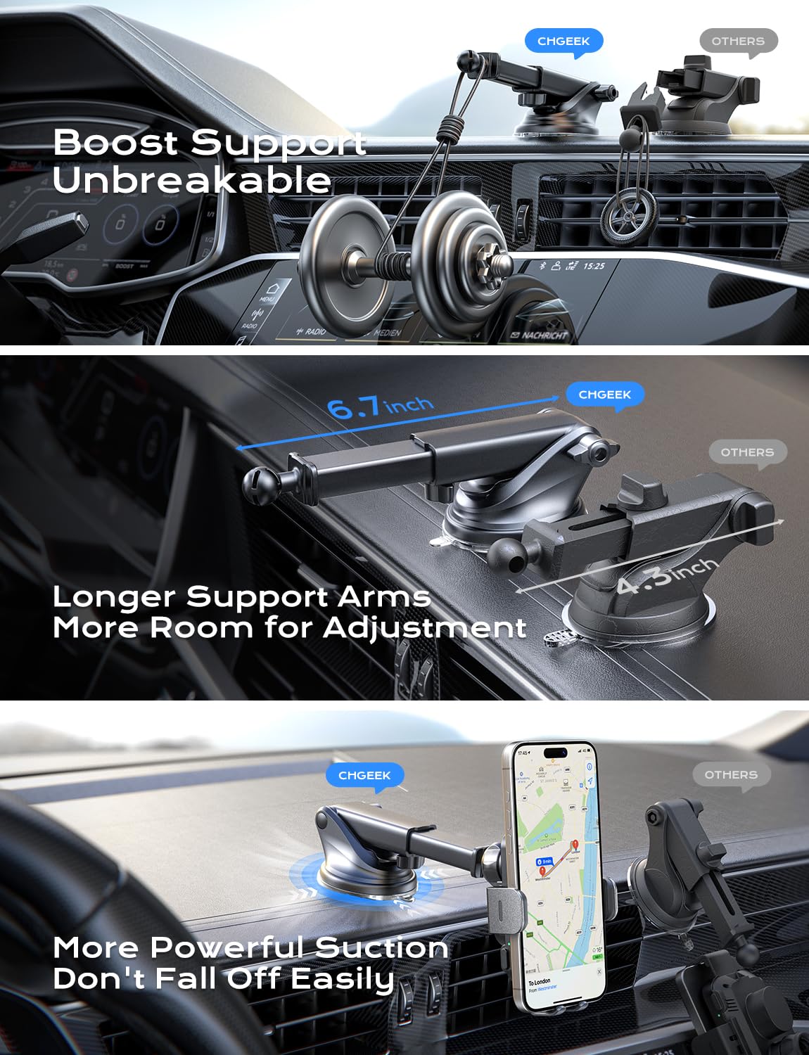 CHGeek Wireless Car Charger, 15W Fast Charging Auto Clamping Car Charger Phone Mount Phone Holder fit for iPhone 16 15 14 13 12 Pro Max 11 XR XS, Samsung Galaxy S24 Ultra S23 S22 S21, S20, S10+, Black - Medaid International