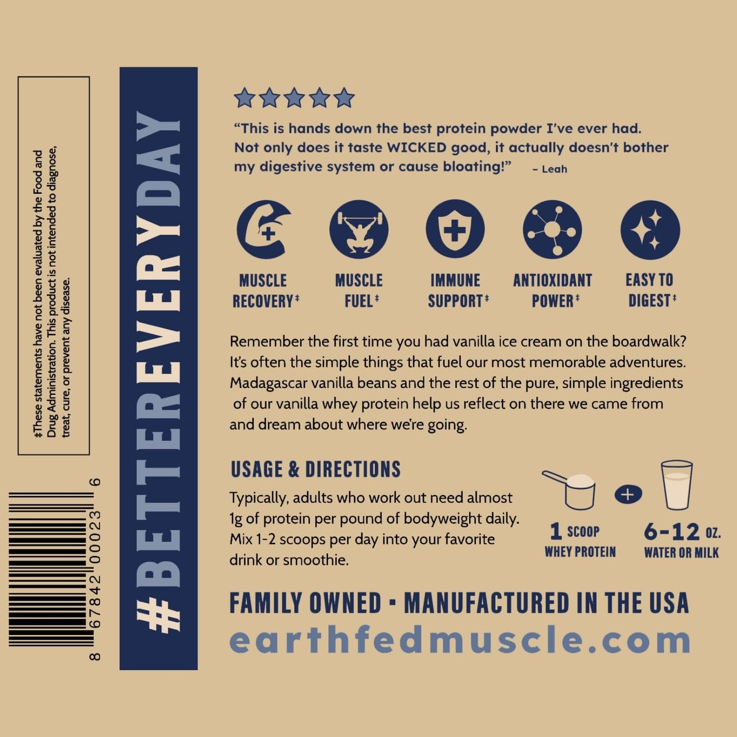 Earth Fed Muscle Whey Back Irish Grass Fed Whey Protein Isolate - NSF-Certified. No Artificial Ingredients, Soy Free, Gluten Free, Non-GMO and Hormone Free (2 Pound, 29 Servings, Vanilla) - Medaid International