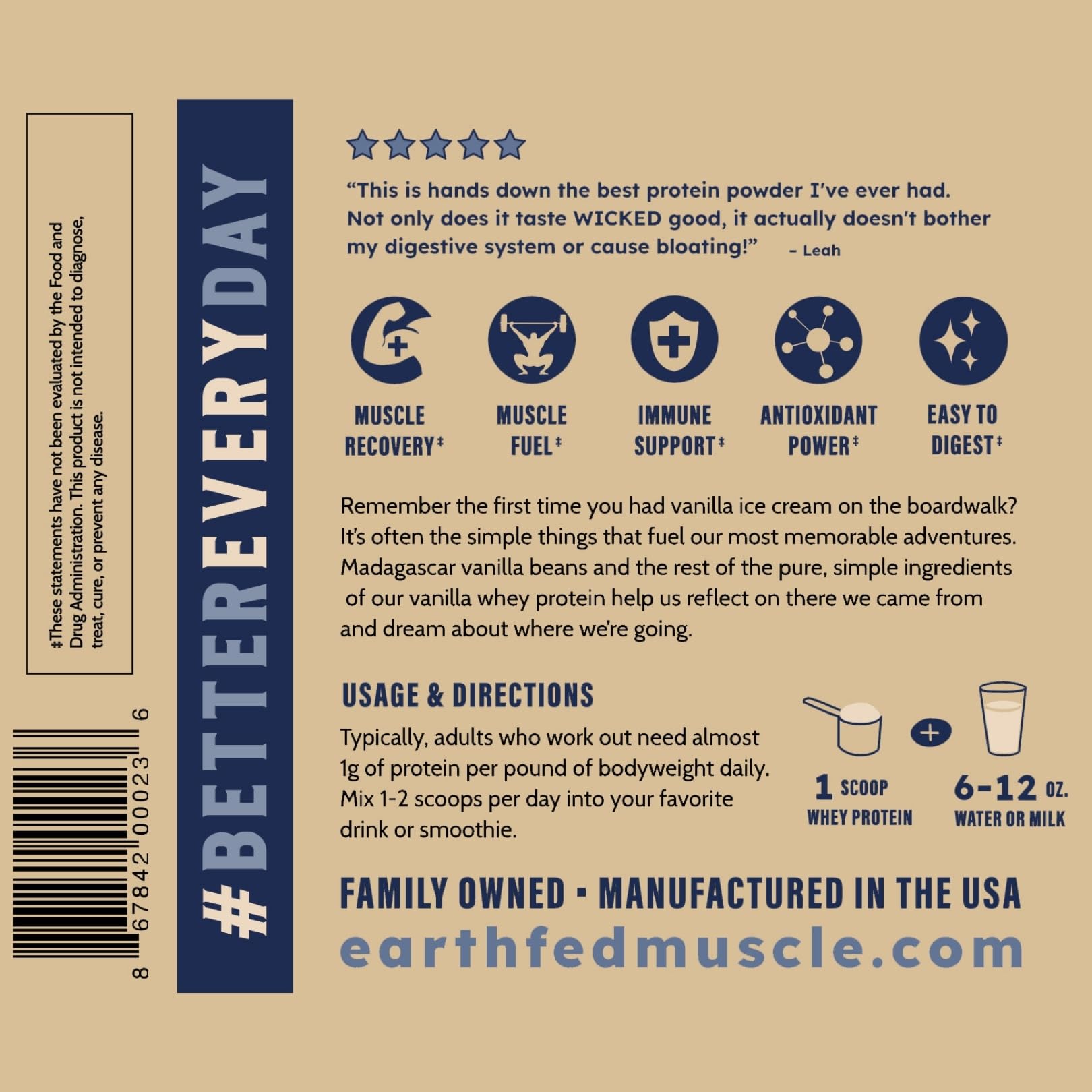 Earth Fed Muscle Whey Back Irish Grass Fed Whey Protein Isolate - NSF-Certified. No Artificial Ingredients, Soy Free, Gluten Free, Non-GMO and Hormone Free (2 Pound, 29 Servings, Vanilla) - Medaid International