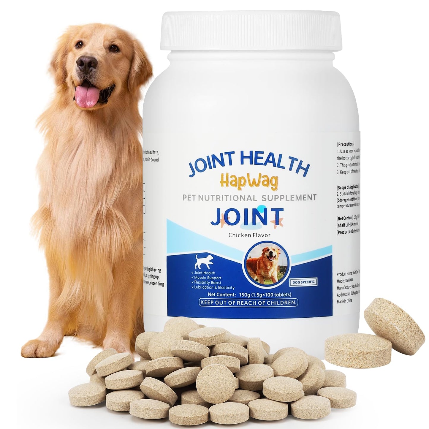 HAPWAG Hip and Joint Care Supplement with Glucosamine, Chondroitin, MSM for All Breeds and Ages Dogs - Chicken Flavor - 100 Chews
