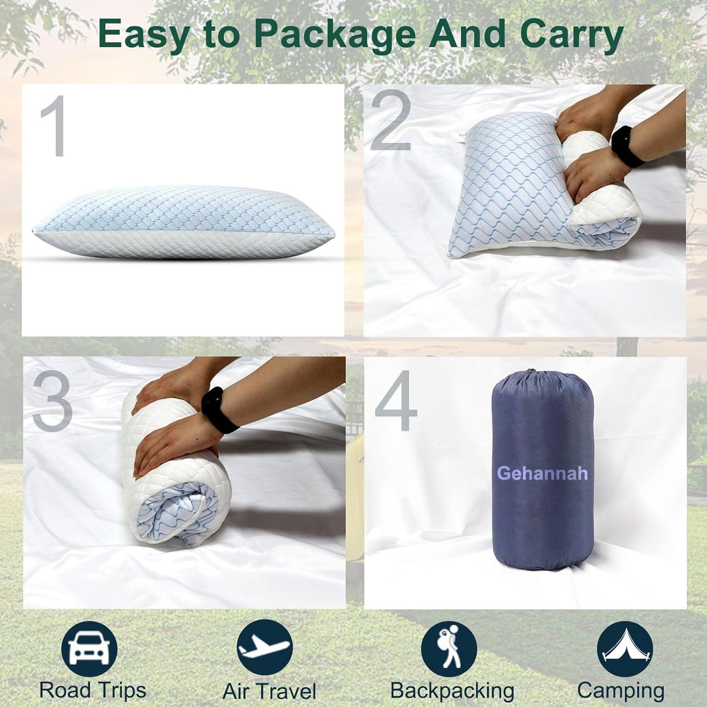 Gehannah Travel Pillow - Large 1 Pack Compressible Camping Pillow for Sleeping - Shredded Memory Foam with 1 Storage Bags - Supportive for Adults, Kids, Outdoor, Backpacking, Hiking Gear - Medaid International