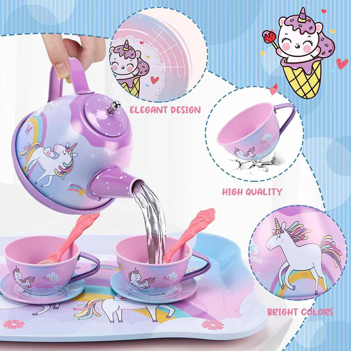 Unicorn Gifts Tea Party Set for Little Girls, Gift for Age 3 4 5 6 Year Old, Princess Tea Set Toys for Little Girls, Kids Kitchen Pretend Toy with Tin Tea Set (Unicorn Theme)
