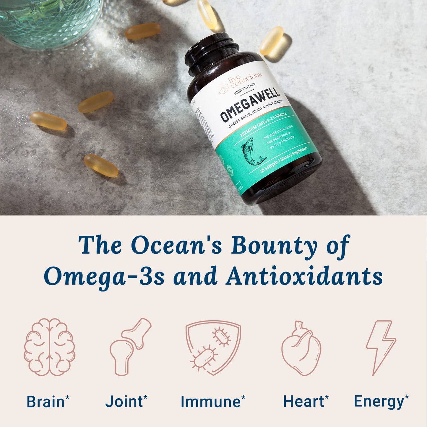 Live Conscious OmegaWell Omega 3 Fish Oil - 2000mg Capsules: Heart, Brain, & Joint Support - 800 mg EPA 600 mg DHA - Sustainably Sourced - Softgels - 30 Day Supply - Medaid International