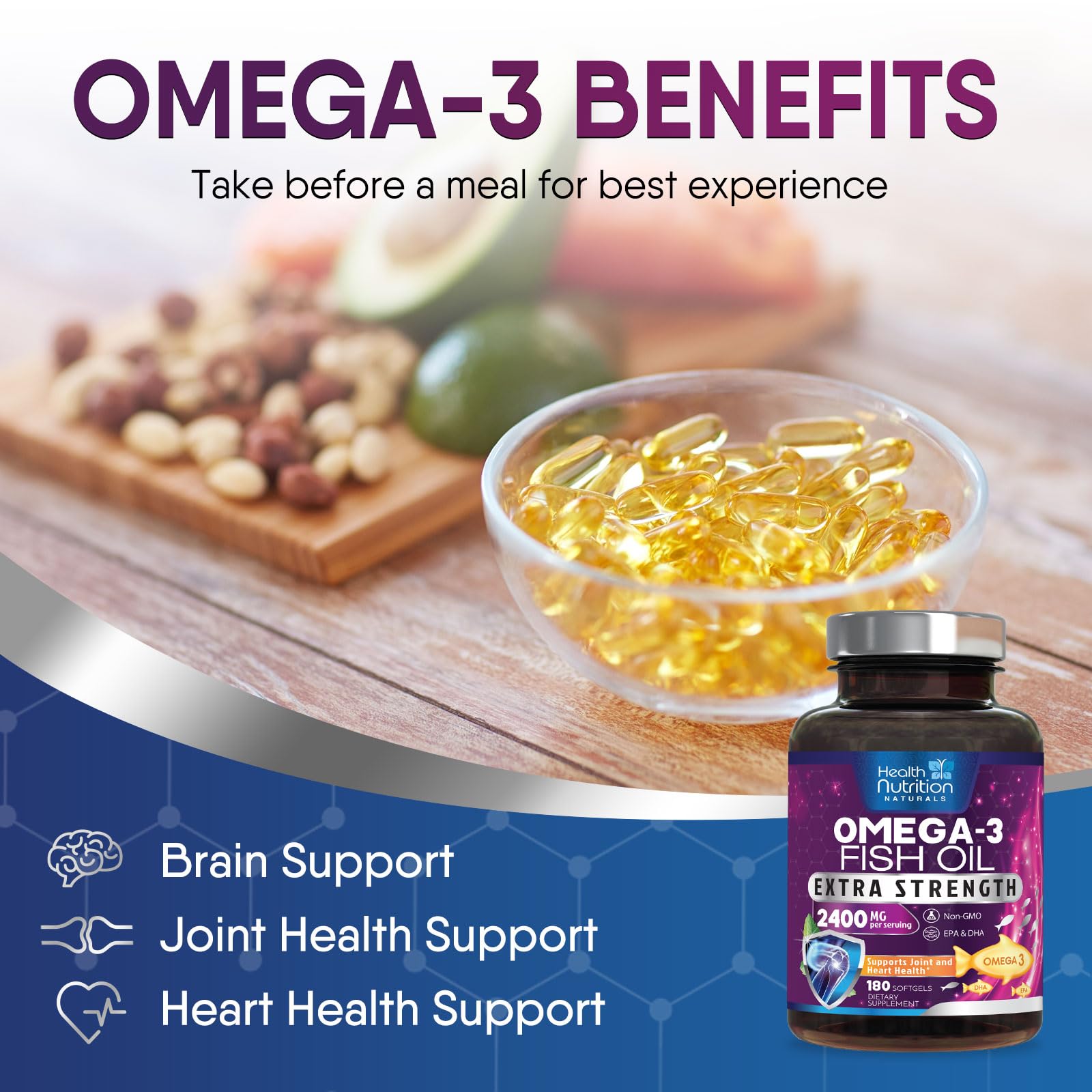 Omega 3 Fish Oil 2400 mg - Triple Strength Omega3, EPA & DHA Fatty Acids Supplement - Natural Support for Immune, Heart & Brain Health - Wild Caught, Non-GMO, Lemon Flavor, Burpless - 180 Softgels - Medaid International
