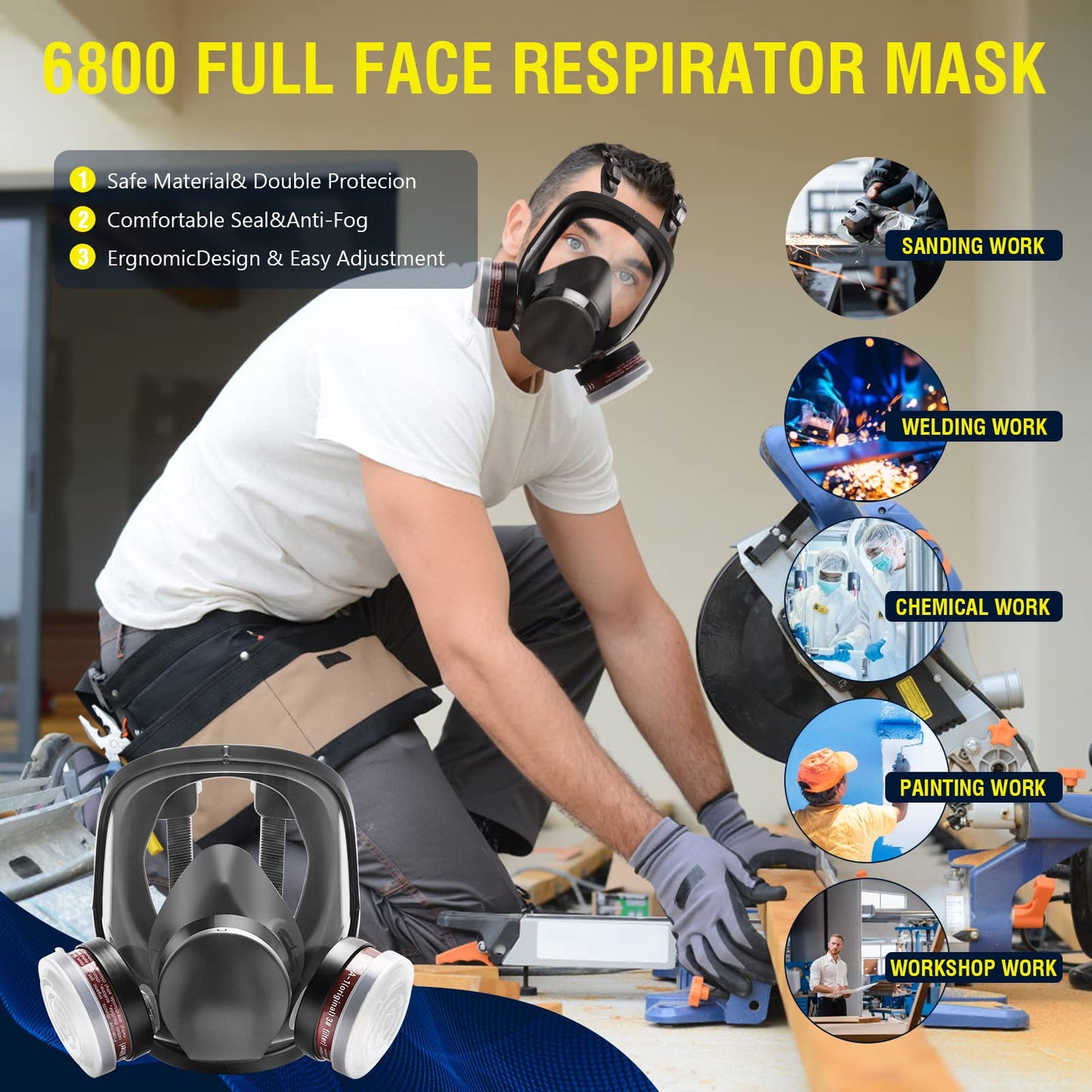 Full Face Respirator Mask - Reusable Large Face Gas Mask Professional Breathing Protection Against Dust/Organic Vapor/Formaldehyde/Chemical Perfect for Airbrush, Car Spraying, Sanding, Paint Work