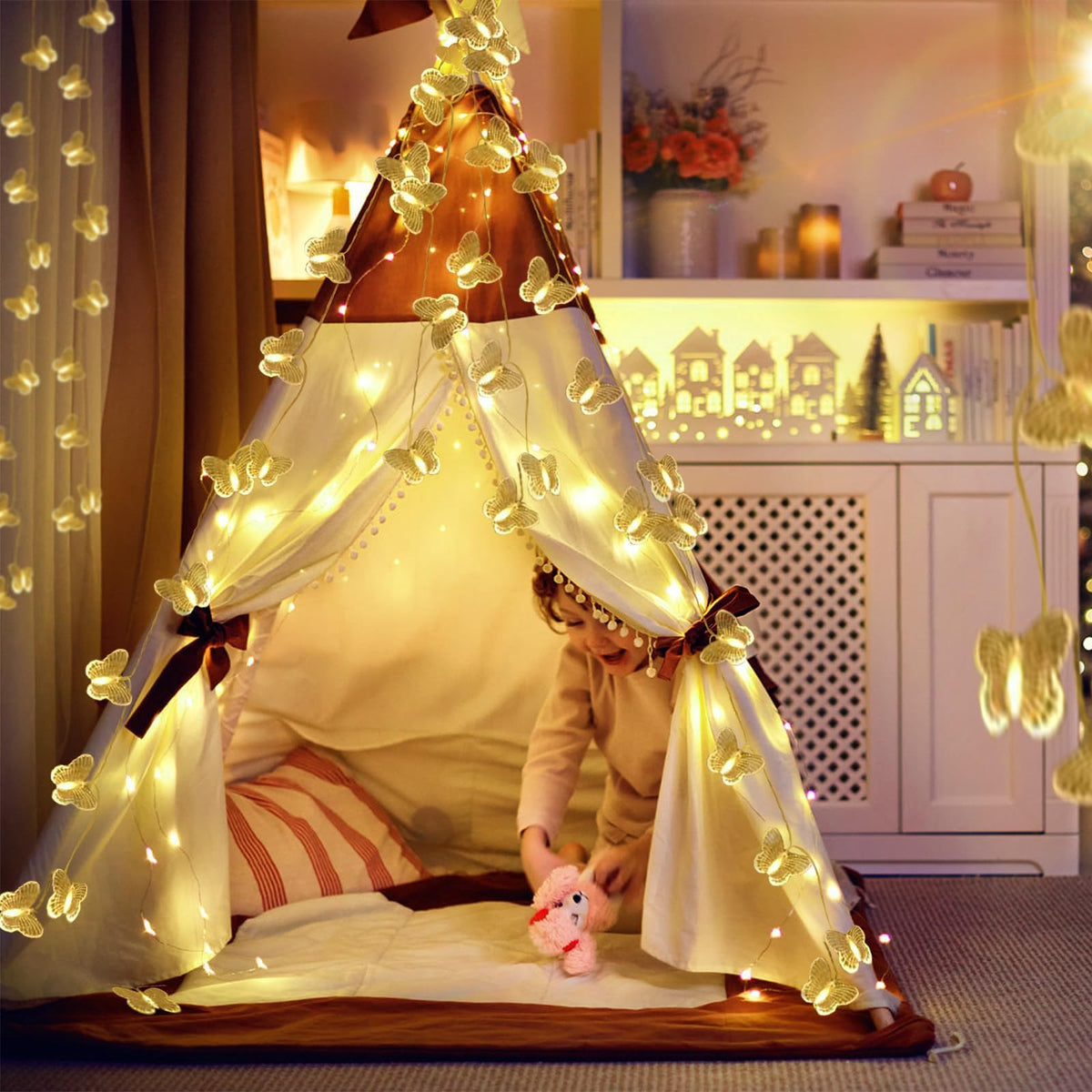 TERRIFI LED String Lights, 3M 20LED Battery Operated String Romantic Flower Rose Fairy Light, Indoor Outdoor Decorations Large Rose Flower Diameter (1, Butterfly Fairy String Lights)