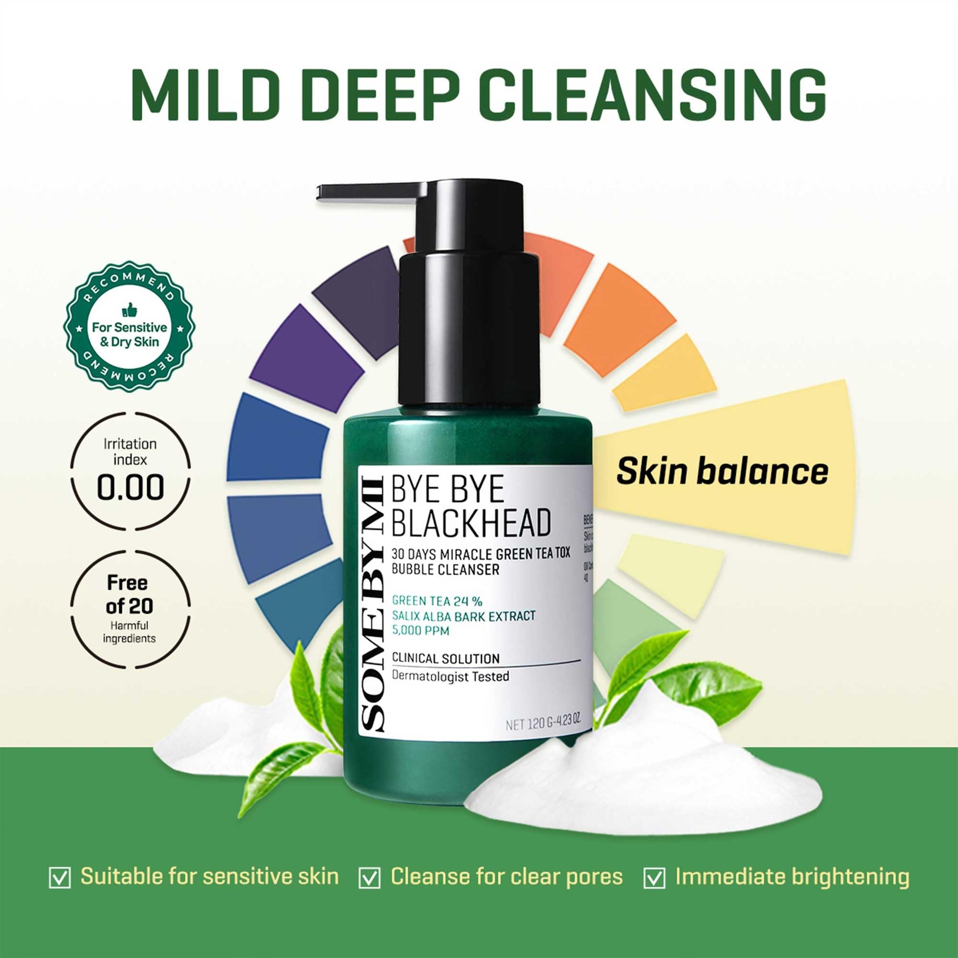 SOME BY MI Bye Bye Blackhead 30 Days Miracle Green Tea Tox Bubble Cleanser – 4.23oz, 120g – Korean Face Wash & Bubble Face Mask – Daily Blackhead-Removing Pore Minimizer for Face – Korean Skin Care - Medaid International