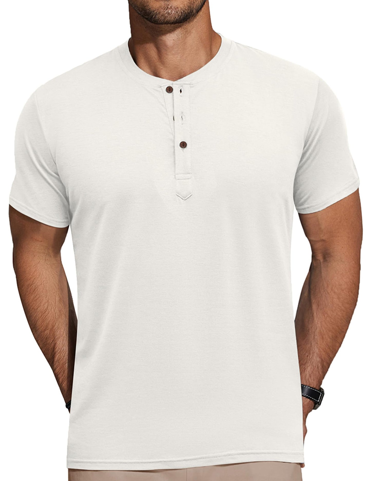 COOFANDY Men's Henley Shirts Short Sleeve Casual Summer Fashion Shirts Solid Button T Shirts White - Medaid International