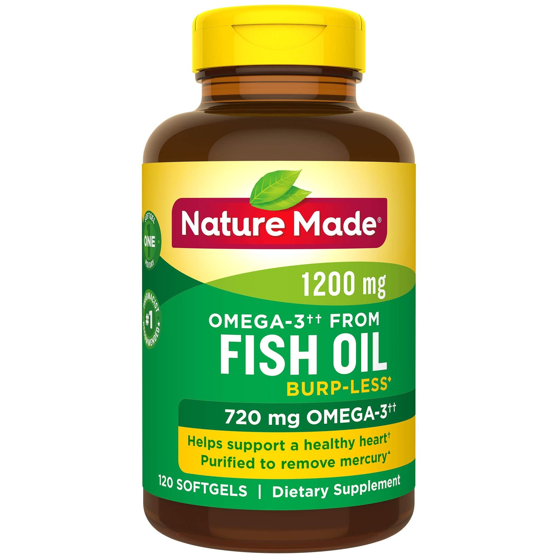 Burp-Less Fish Oil 1200 mg One Per Day, 120 Softgels, Fish Oil Omega 3 Supplement For Heart Health - Medaid International