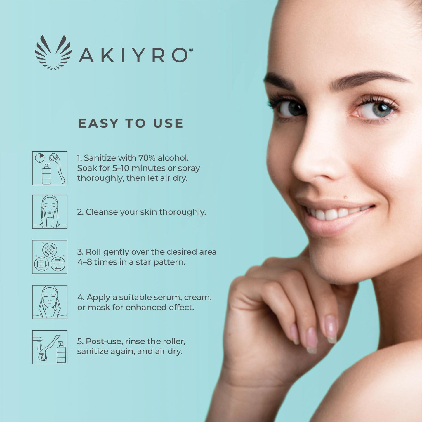 AKIYRO Derma Roller 0.30mm - Microneedle Roller with Storage Case - 192 Micro Needling Dermal Tool for Face, Beard, Scalp & Body - At Home Microneedling Skin Care Device for Women & Men (Green) - Medaid International