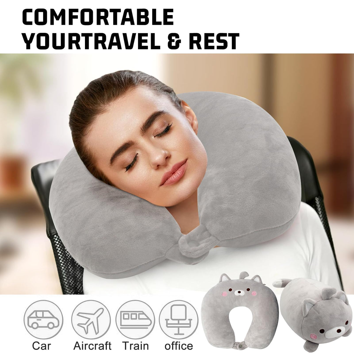 KASTWAVE Kids Travel Pillow - 2-in-1 Travel Pillow for Kids - Soft and Adorable Animals Reversible into a U-Shaped Neck Pillow for Airplane, Car, Train, or Bus