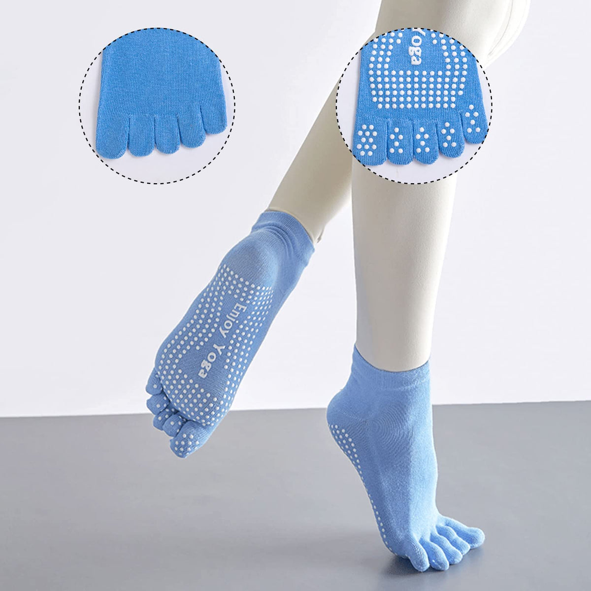 KASTWAVE 3 Pairs Non-Slip Yoga Socks with Grips, Pilates Socks for Women Cotton Dance Barre Ballet Socks, Ladies Five Toe Socks Grip Socks for Home Workout Gym Sports Non-Slip Yoga Socks for Workouts