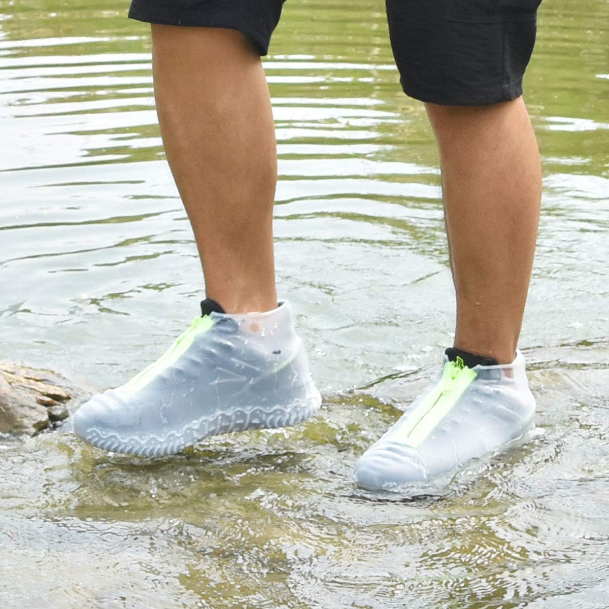 TERRIFI Upgrade Reusable Silicone Waterproof Shoe Covers with Zipper, Non-Slip Textured Sole Washable Rain Overshoes for Rainy Day Commute Gardening Camping, for Men Women-White, Size M (33-38cm)