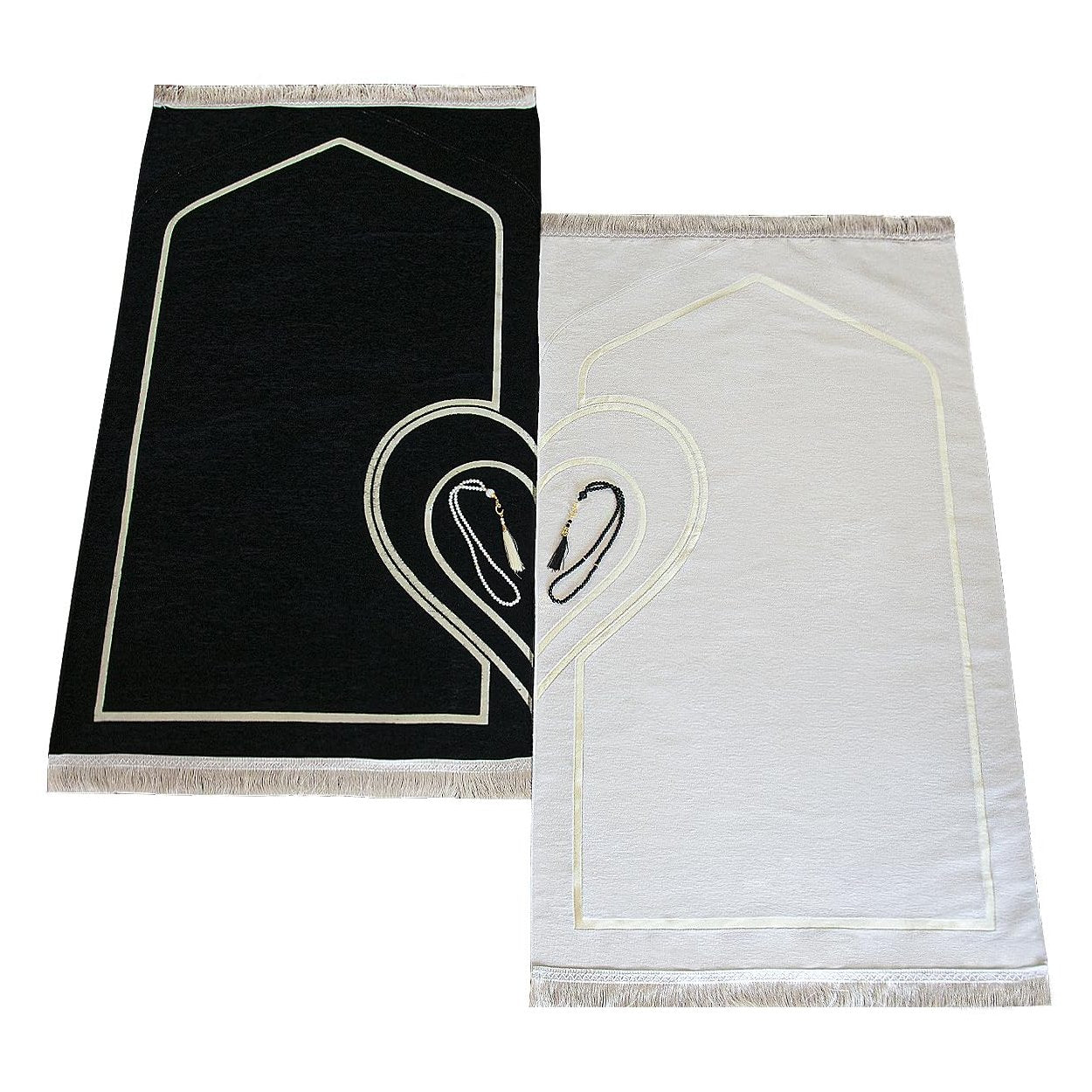 ihvan online, Muslim Prayer Rug for Couples, Praying Mat Set for Women & Men, Heart Patterned, Soft, Prayer Beads, Islamic Gifts for Ramadan Eid Valentines Day, Two Pieces, White-Black - Medaid International