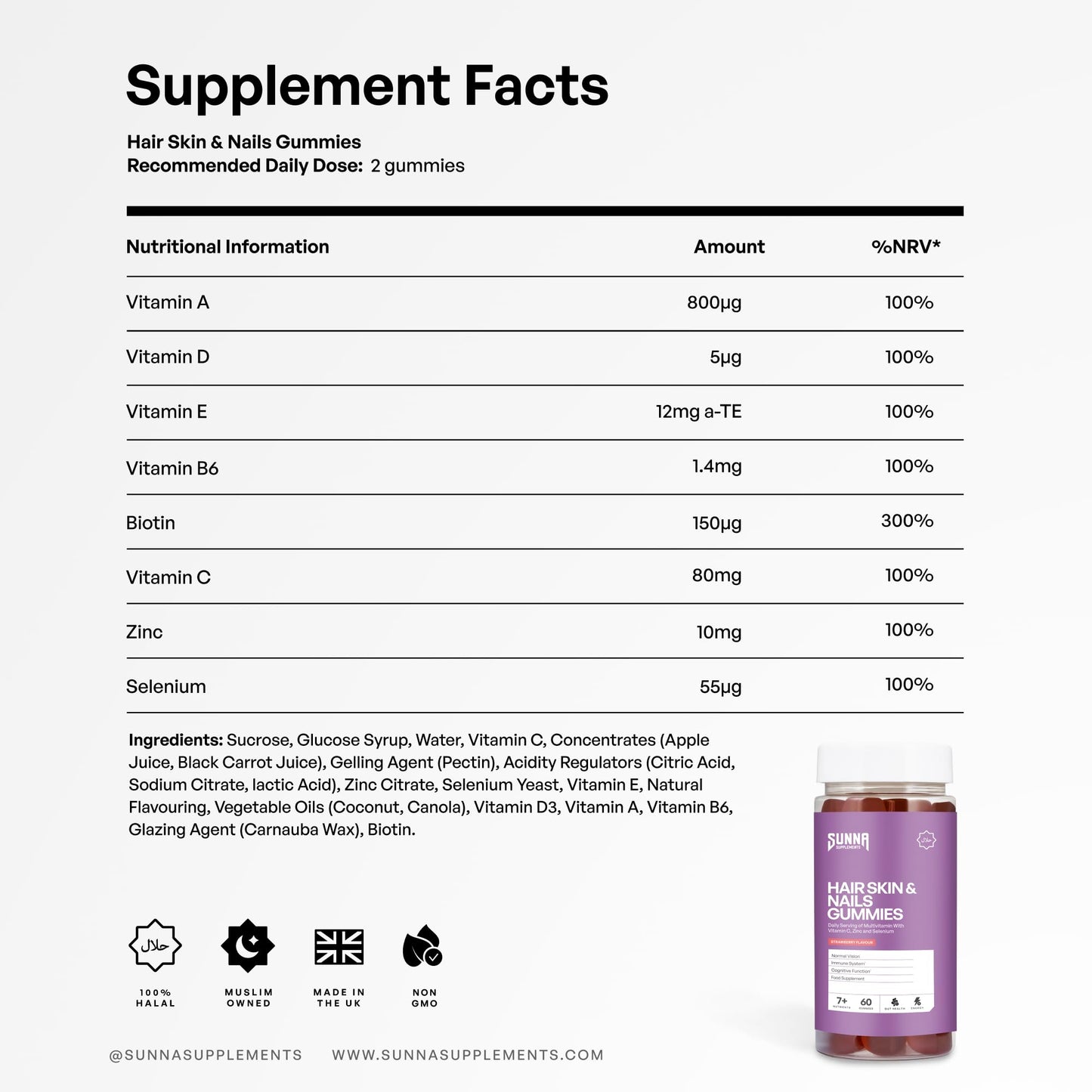 SUNNA SUPPLEMENTS Halal Hair, Skin & Nails Gummies – Biotin, Zinc & multivitamins Gummies for Hair Growth, Strong Nails & Radiant Skin – Gelatin-Free, Vegan Hair Vitamins for Women & Men – 60 Gummies - Medaid International