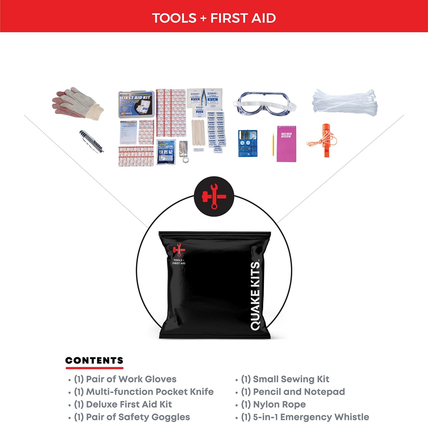 QK 1-Person, 72hr Completely Prepared Survival Kit for Emergency Preparedness - Go Bag Includes First Aid, Deluxe Survival Tools, Food and Water. Emergency Kit for Earthquakes and Other Disasters.