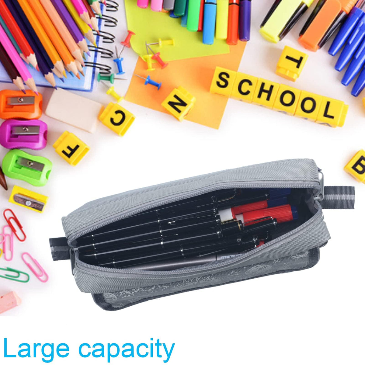 TERRIFI Big Capacity Space Astronaut Pencil Case, 3 Compartments Large Pencil Pouch, Pen Bag Organizer with Zipper for Adults, Girls, Boys, and College Office Essentials, Aesthetic Stationery (Grey)