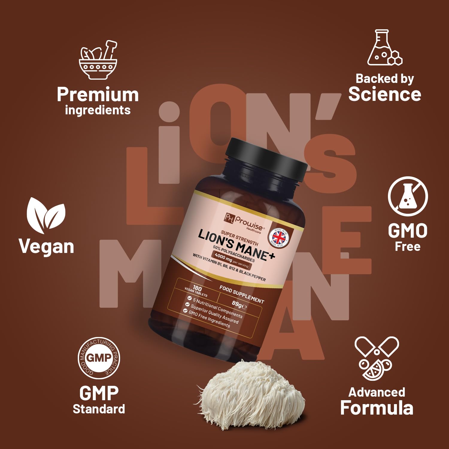 Lions Mane Mushroom Supplement 4000mg with Vitamin B1, B6, B12 & Black Pepper - 180 Super Strength Vegan Tablets with 50% Polysaccharides (Not Powder or Capsules) | Made in The UK by Prowise - Medaid International
