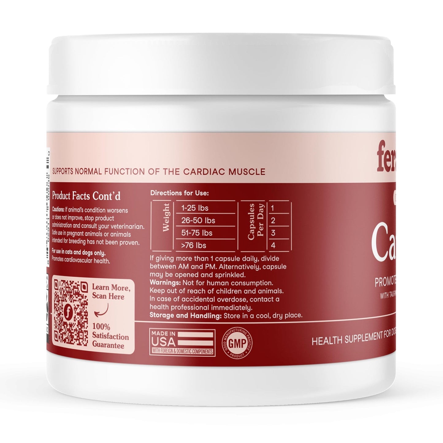 Fera Pets Cardiac Support - Cat & Dog Heart Supplement with Taurine, L-Carnitine, & CoQ10 - Promotes Normal Circulation and Heartbeat - 60 Capsules