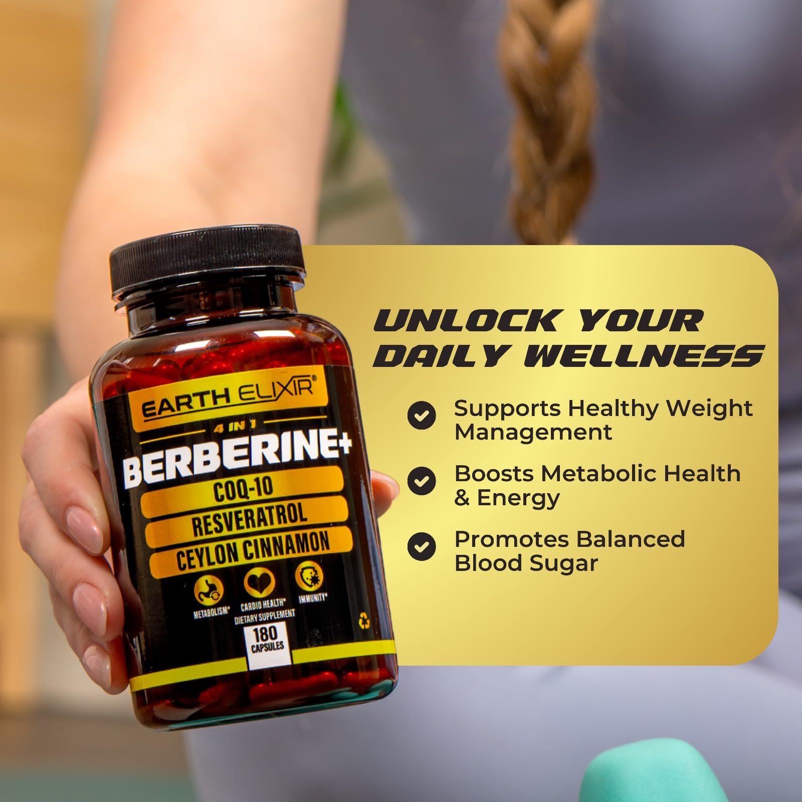 Earth Elixir 4-in-1 Berberine Supplement – Organic Berberine with Ceylon Cinnamon, CoQ10 Ubiquinol, and Resveratrol Powder – Metabolic & Cellular Energy Support, 180 Vegan Capsules - Medaid International