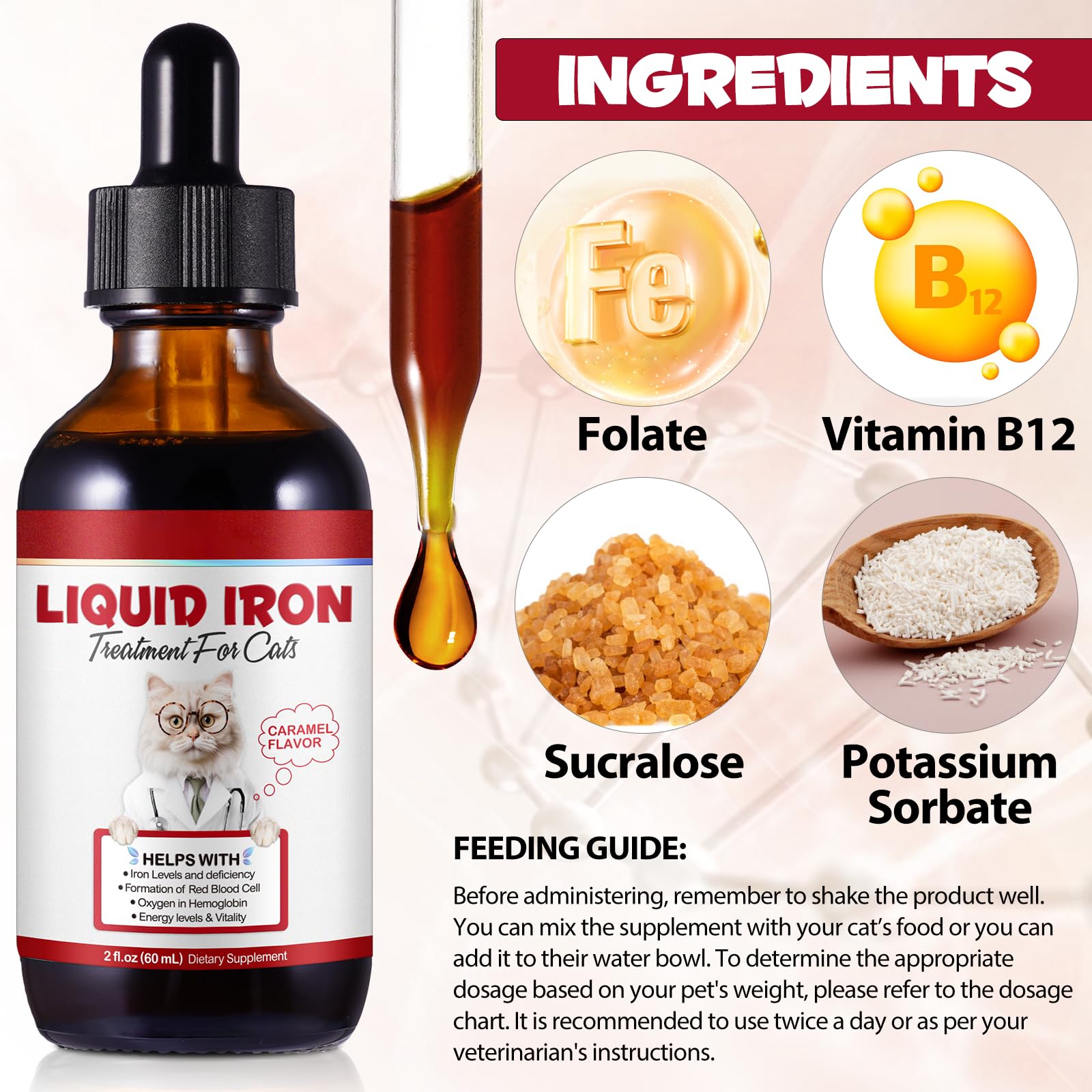 Iron for Cats with Anemia, 2 Fl Oz Liquid Iron Supplements for Cats Improves Anemia, Low Energy Levels and Lethargy, Promotes Blood Health - Medaid International