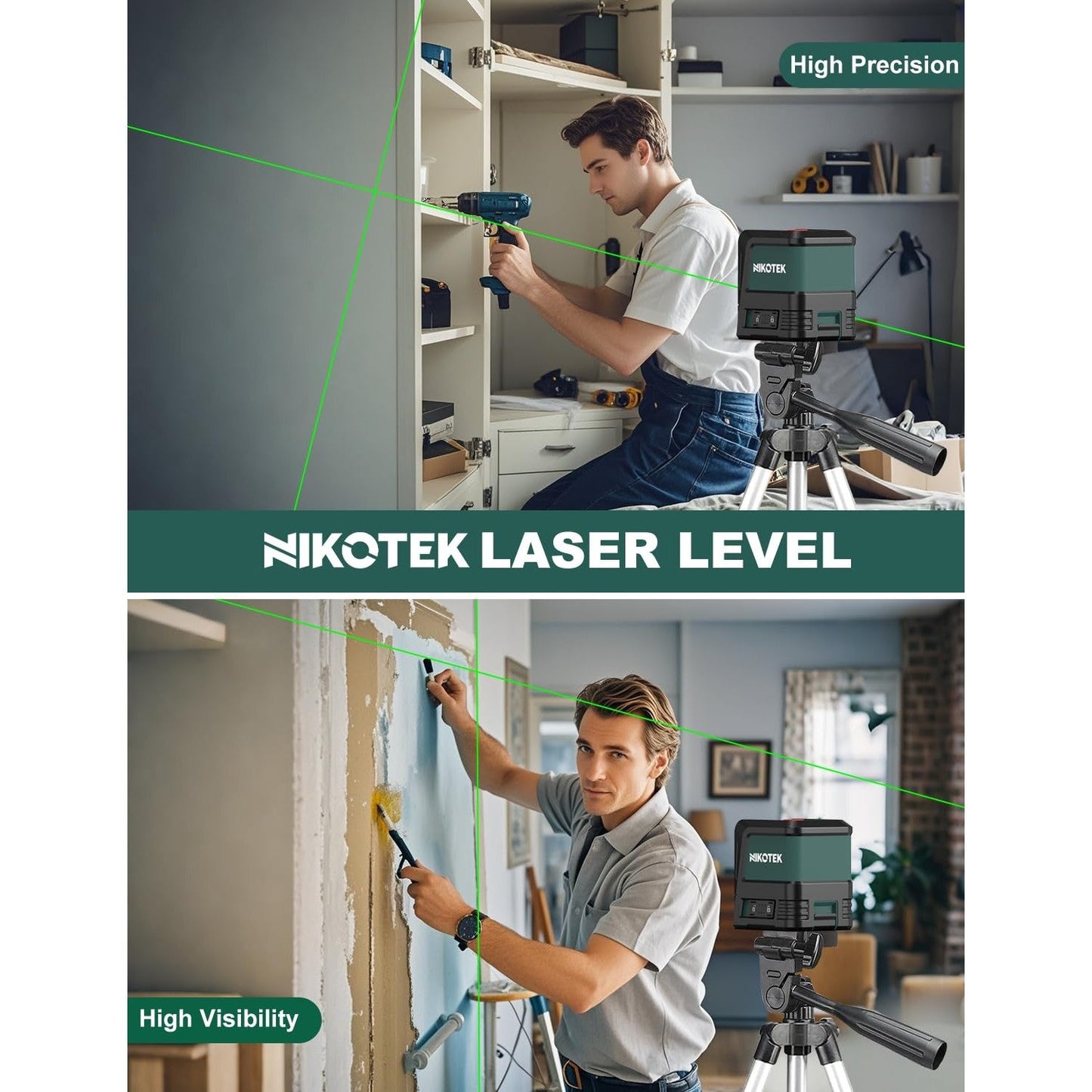 Nikotek Laser Level, Self-leveling Green Line Laser With Horizontal and Vertical Lines for Construction and Picture Hanging, Battery Included (NK02G With 26 inch Tripod) - Medaid International