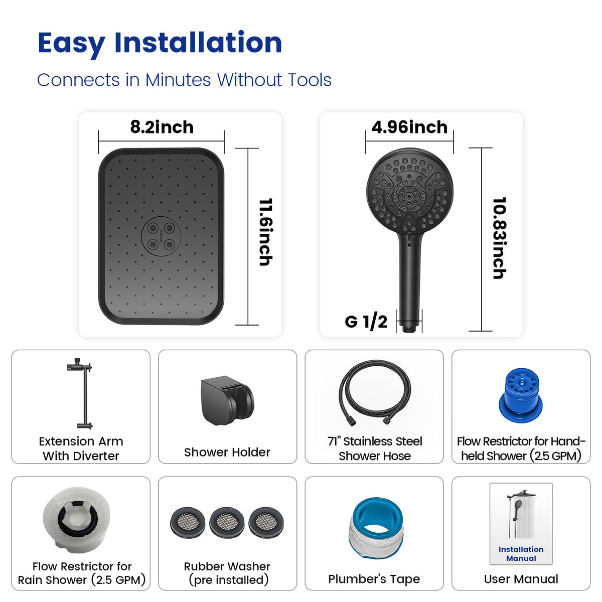 JOMOO Handheld Shower Head Combo, 10 Spray Modes High-Pressure Handheld Showerhead with 12" Square Rainfall Shower Combo, DOE Certified 2.5GPM Bathroom Filtered Shower Heads System, Matte Black