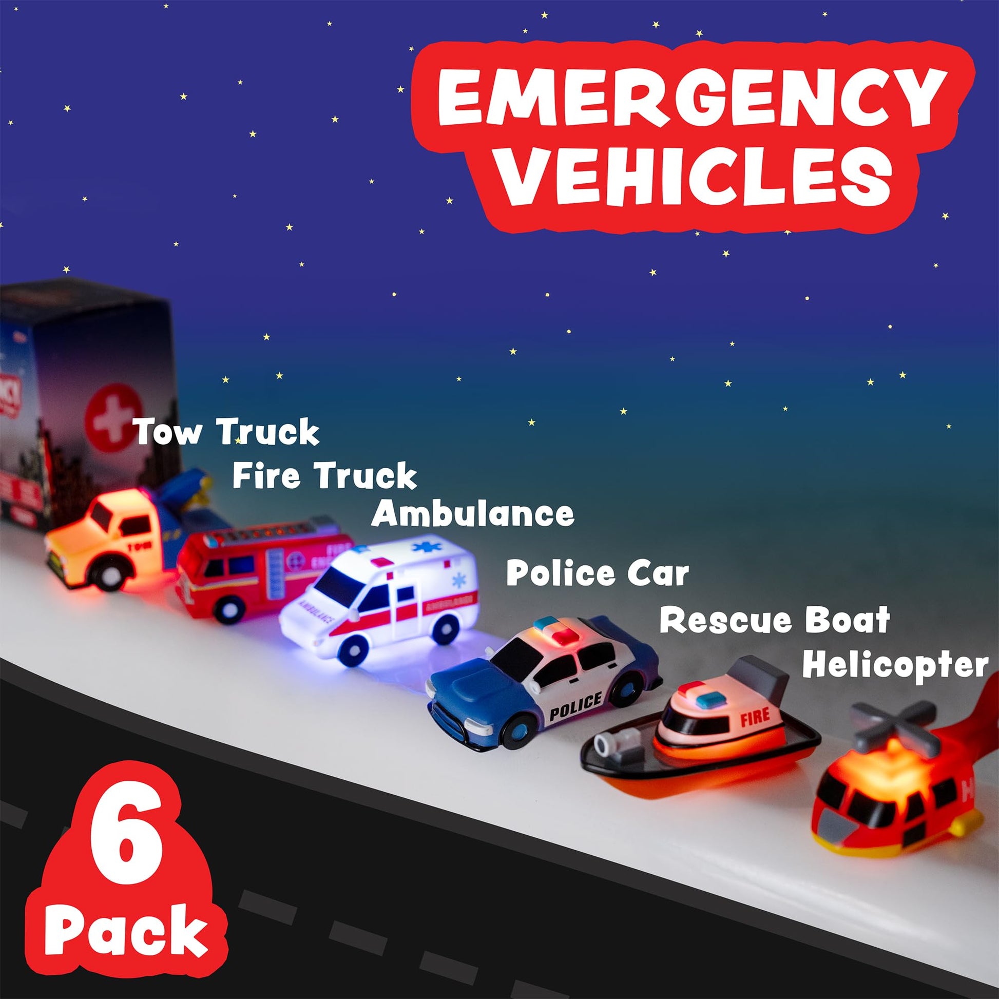 Tub Works® Emergency™ Cars Light Up Bath Toys, 6 Pack | Water-Activated Light Up Toys Flash & Change Color | Soft, Squeezable Baby & Toddler Bath Toys | Sensory Toys with Bath Lights for Kids Bath - Medaid International