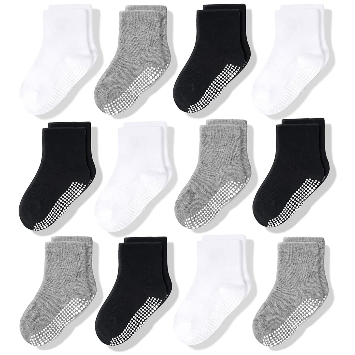 CozyWay Toddler Socks with Non-Slip Grippers - Grippy Cotton Socks for Toddlers - Crew & Ankle Styles for Boys & Girls - 1T-3T, Black White Gray, 12 Pack - Medaid International