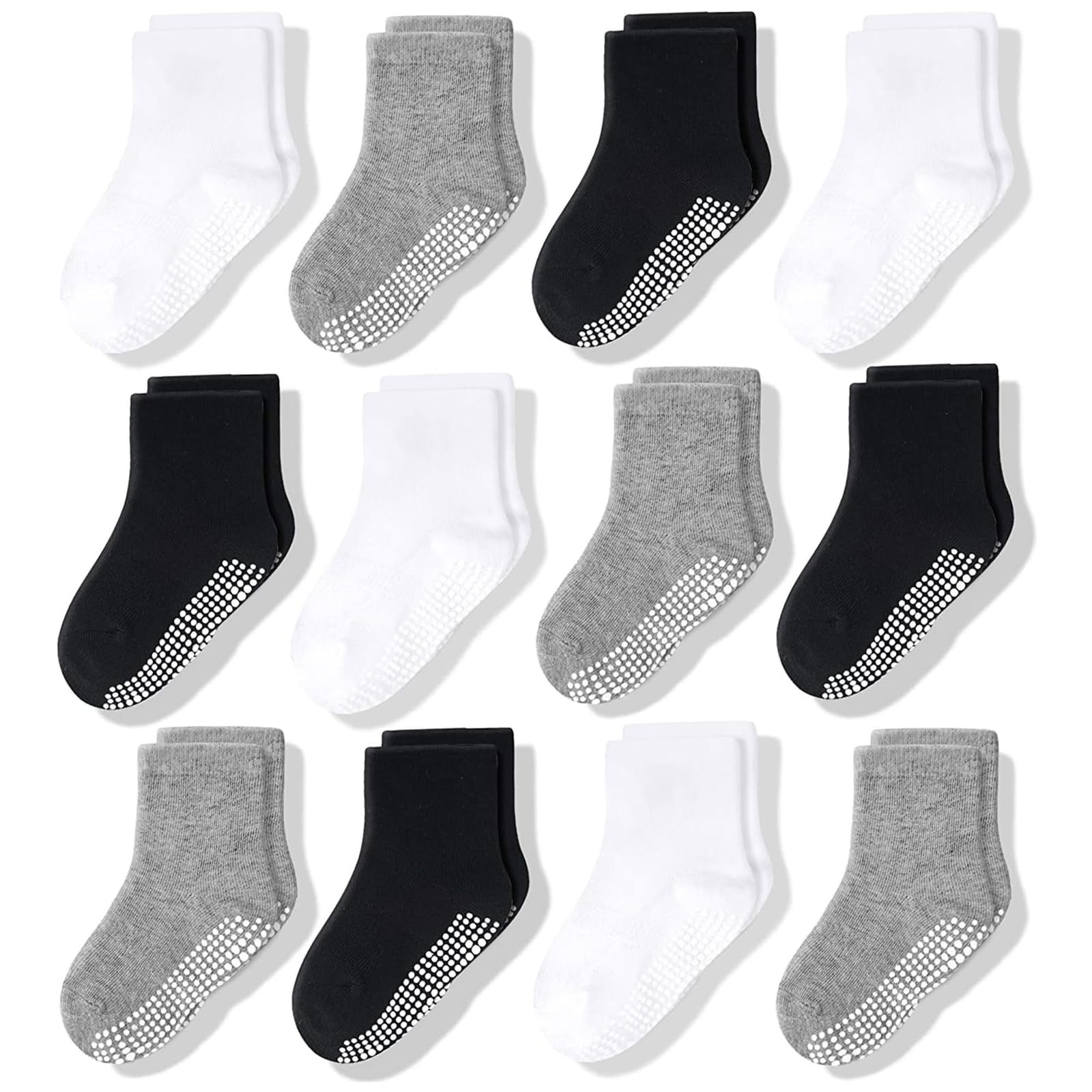 CozyWay Toddler Socks with Non-Slip Grippers - Grippy Cotton Socks for Toddlers - Crew & Ankle Styles for Boys & Girls - 1T-3T, Black White Gray, 12 Pack - Medaid International