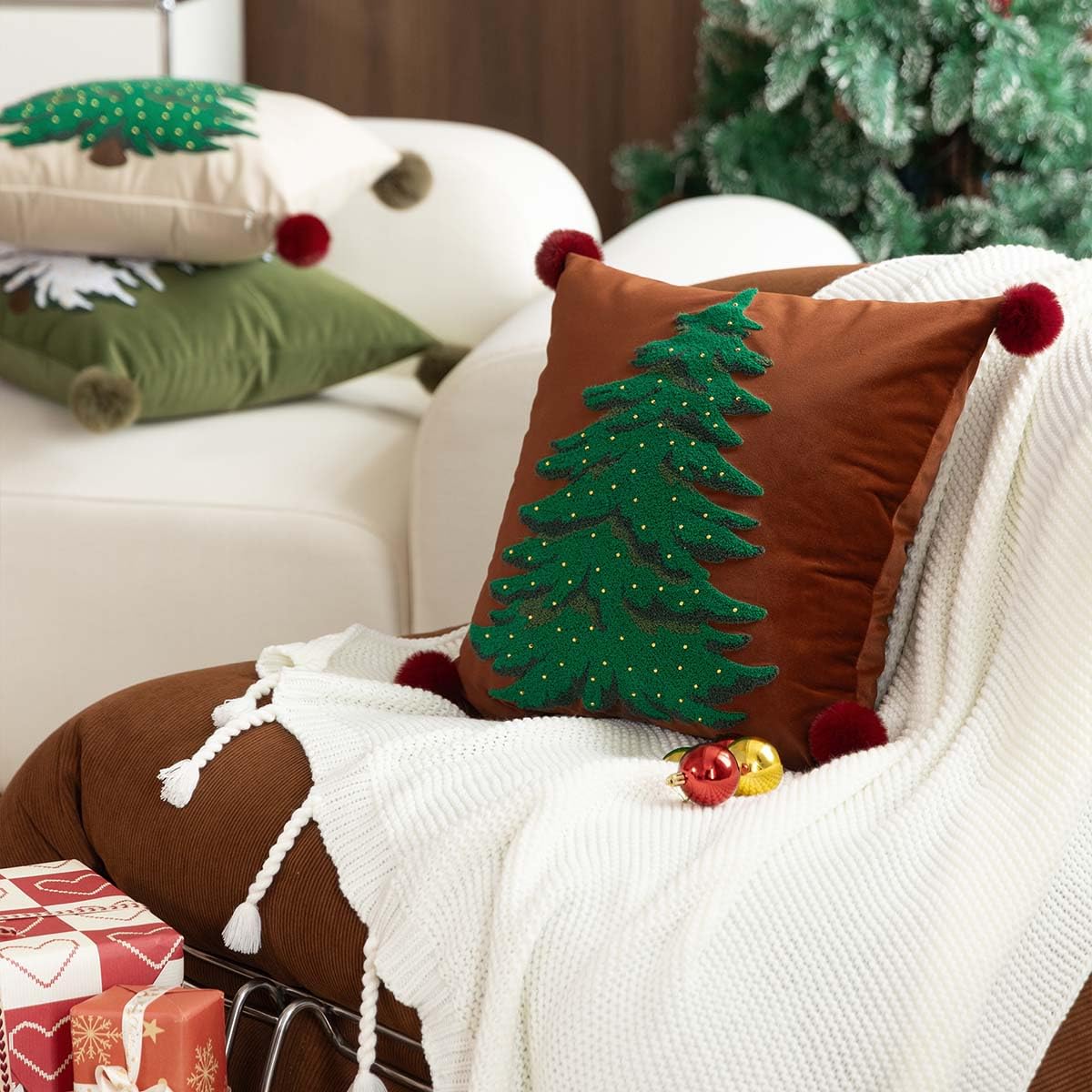 MOCOFO Red Pillowcase 18x18'' Embroidered Christmas Tree Pillow Cover - Festive Long Sofa and Bedside Cushion Cover Décor Cover ONLY - Medaid International