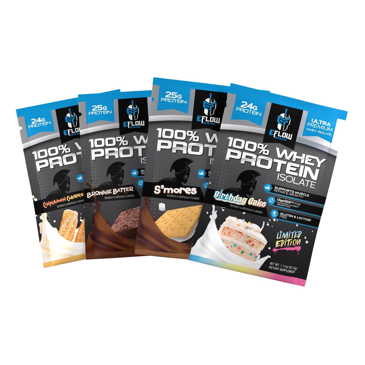 eFlow Nutrition Whey Protein Sample Variety - Isolate Protein Powder Samples, Low Calorie, Fast-digesting, Premium Quality, Travel Packs, Low Carb (4 Pack) - Medaid International