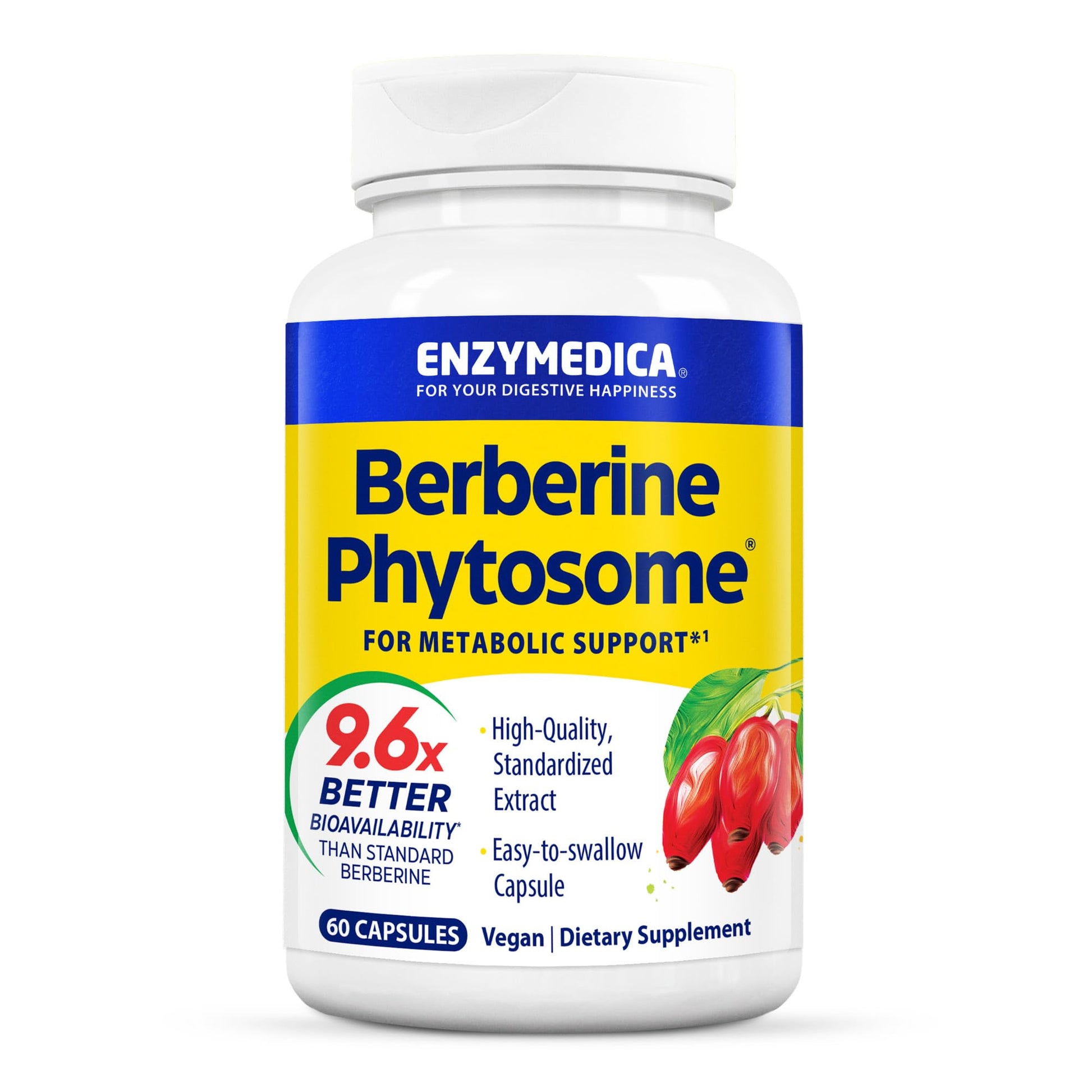 Enzymedica, Berberine Phytosome, 9.6X Better Bioavailability, High Potency Natural Vegan Dietary Supplement for Metabolic Support, 60 Capsules - Medaid International