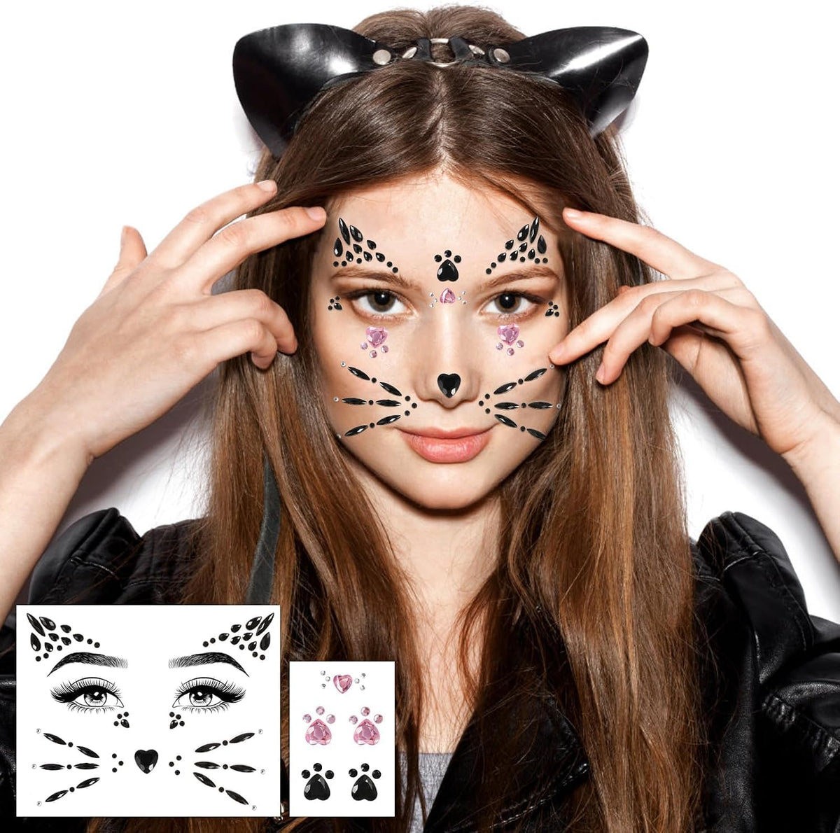 TERRIFI Face Gems for Women Cat Whiskers Style, 4 Sheets Reusable Makeup Rhinestones for Festivals and Themed Events, Self-Adhesive Glitter Stickers for Beauty and Cosplay Decorations