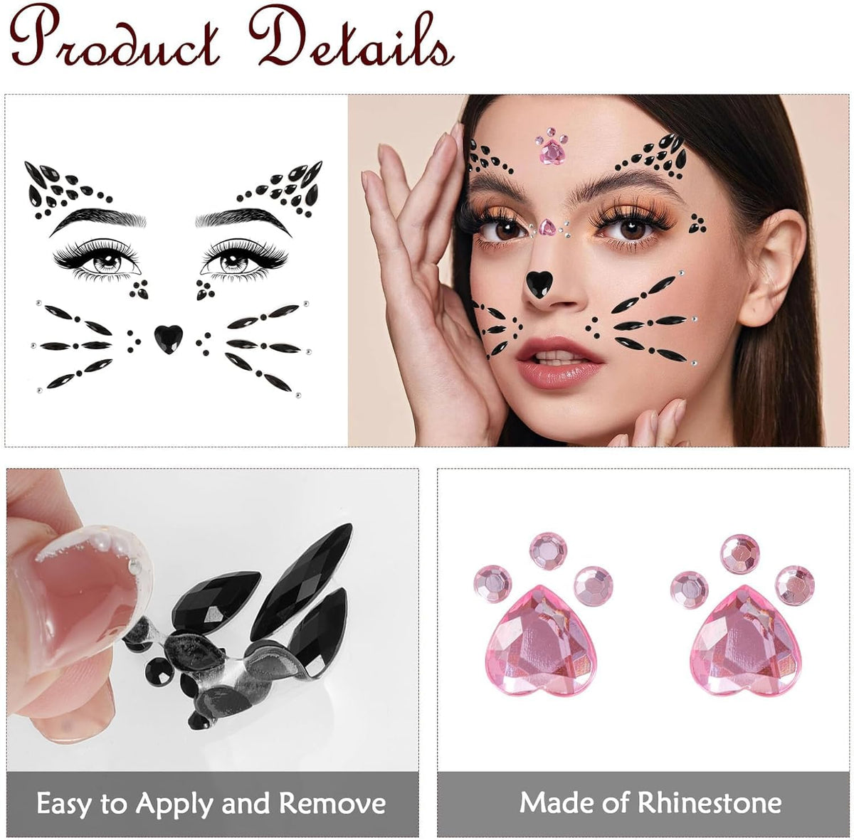 TERRIFI Face Gems for Women Cat Whiskers Style, 4 Sheets Reusable Makeup Rhinestones for Festivals and Themed Events, Self-Adhesive Glitter Stickers for Beauty and Cosplay Decorations