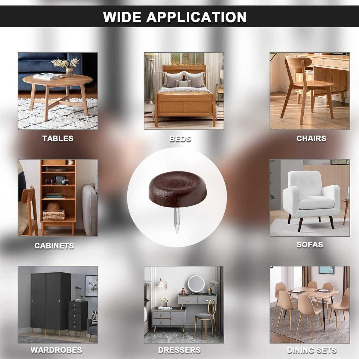 KASTWAVE Brown Nail-On Furniture Sliders, 60PCS Round Floor Protectors for Table and Chair Legs, Durable Nylon Glides for Easy Movement, 17.3mm x 5mm