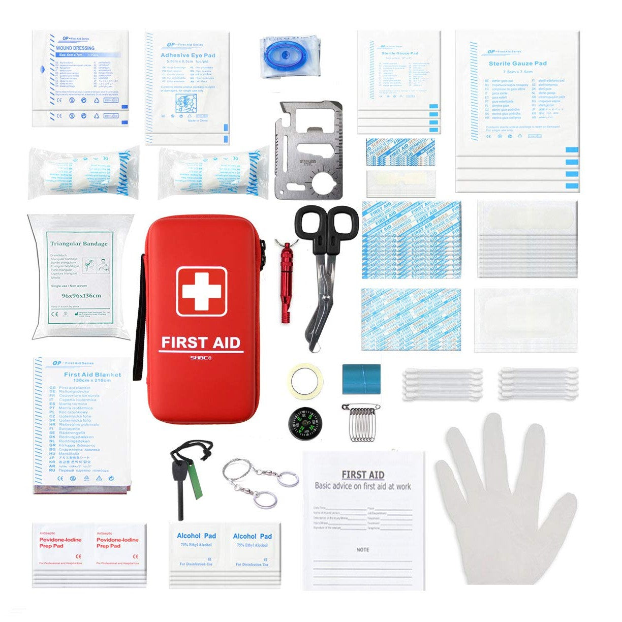 SHBC Compact First Aid Kit (139 Piece) Adventure Medical Kits Waterproof- Includes Emergency Blanket, Fire Starter, Compass, Wire Saw for Survival, Home, Car, Camping, Hiking, Hunting, Sport