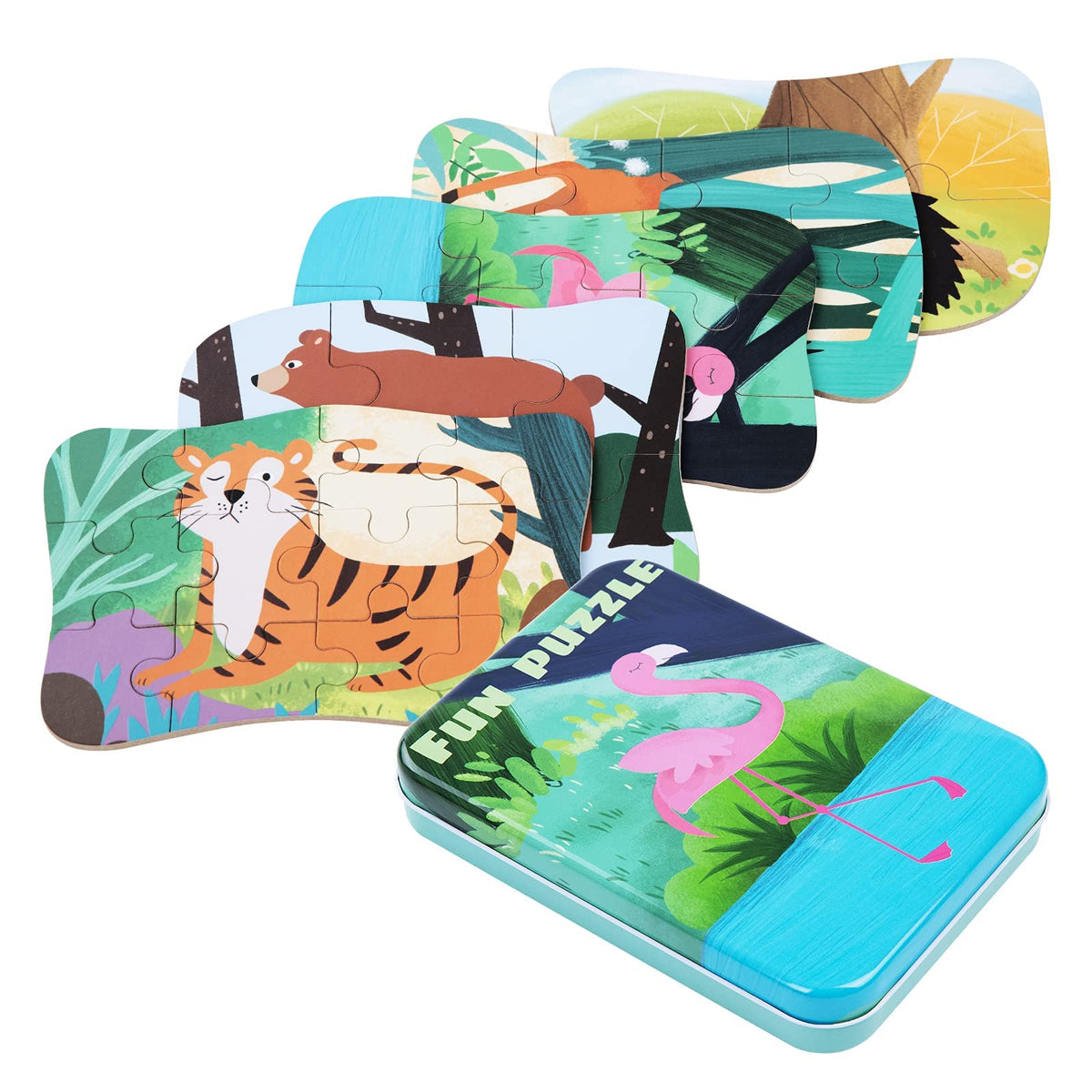 KASTWAVE Flamingo Puzzles for 3 4 5 6 Year Olds, 5-in-1 Dinosaur Jigsaw Puzzles with Iron Box for Storage, Dinosaur Toys Gifts for Boys, Girls, Kids and Children (Astronaut Jigsaw)