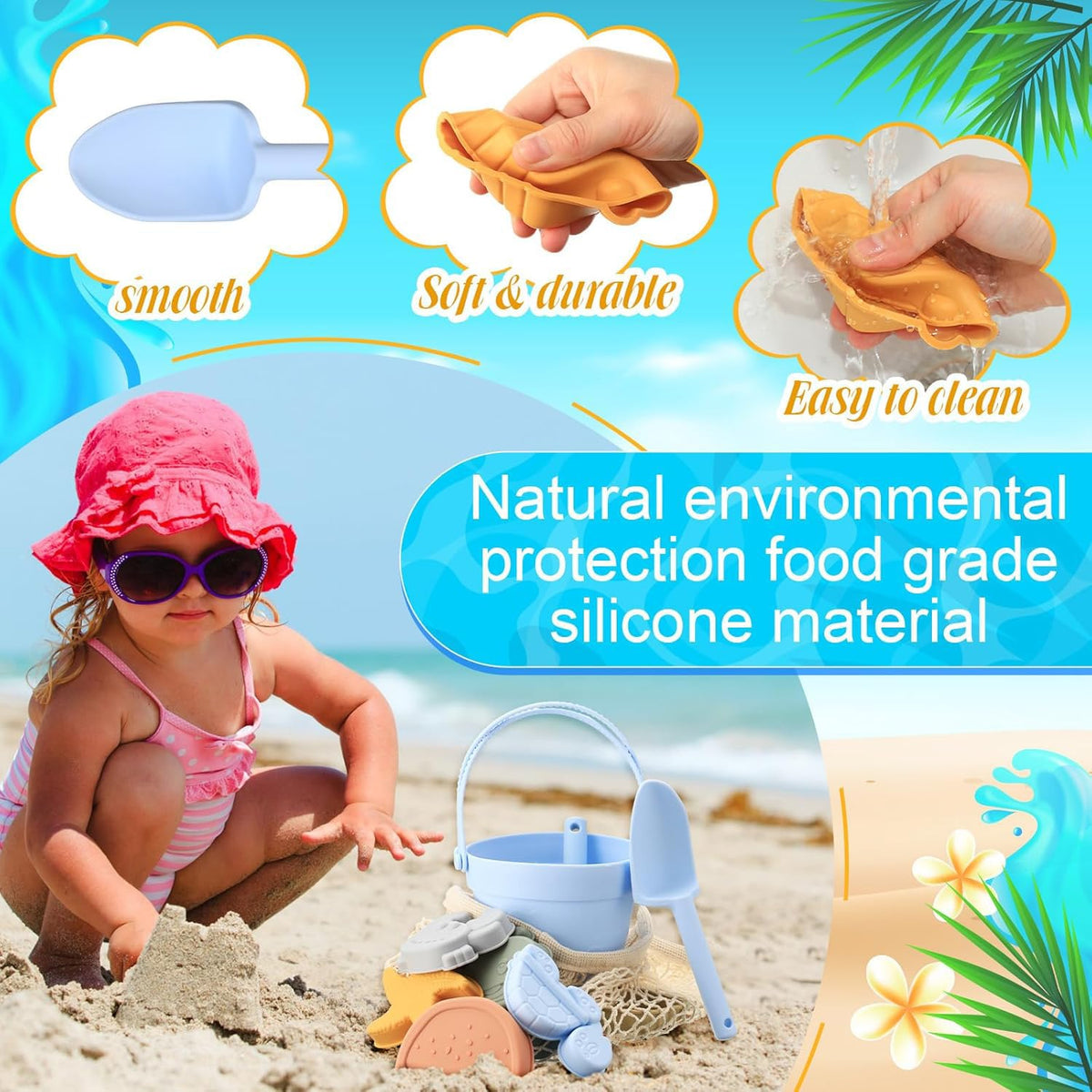 GGEROU Silicone Sand Toys for Baby - Kids Summer Toys Set with Beach Toy Molds Shovel Bucket Set - Sand Toys Toddler Sandbox Toys for Kids Outdoor Summer Playset (Red)