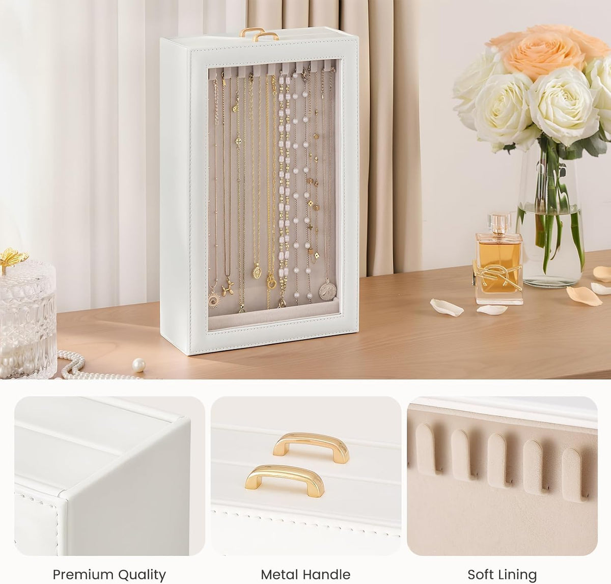 TERRIFI Necklace Organizer Box, Tangle Free Jewelry Storage Case with Clear Window and 20 Hooks, 2 Layer Necklace Bracelet Earring Display Holder for Women Girls Bedroom Dresser, White
