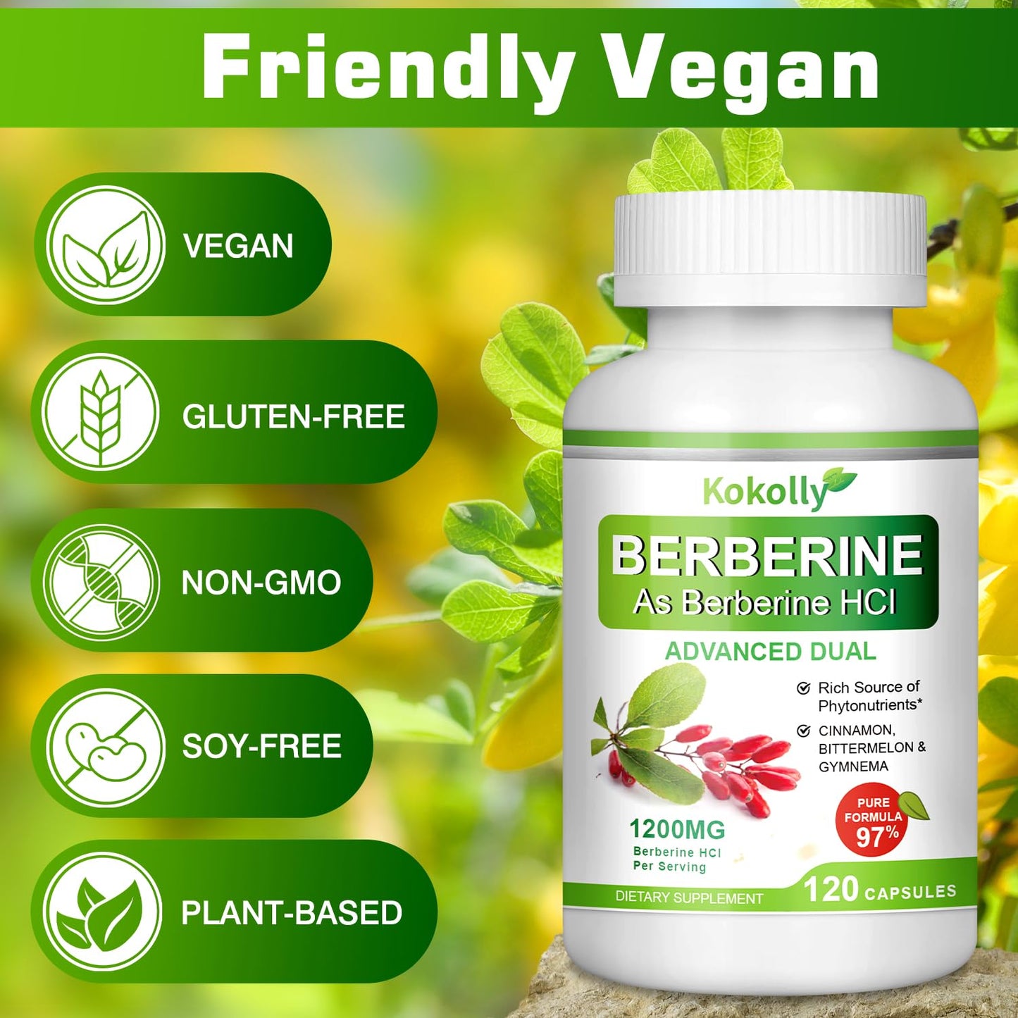 KOKOLLY Berberine Supplement 1200mg -Natural Plant- Based with Berberine HCL,Cinnamon, Bittermelon, Gymnema(120 Capsules) - Medaid International