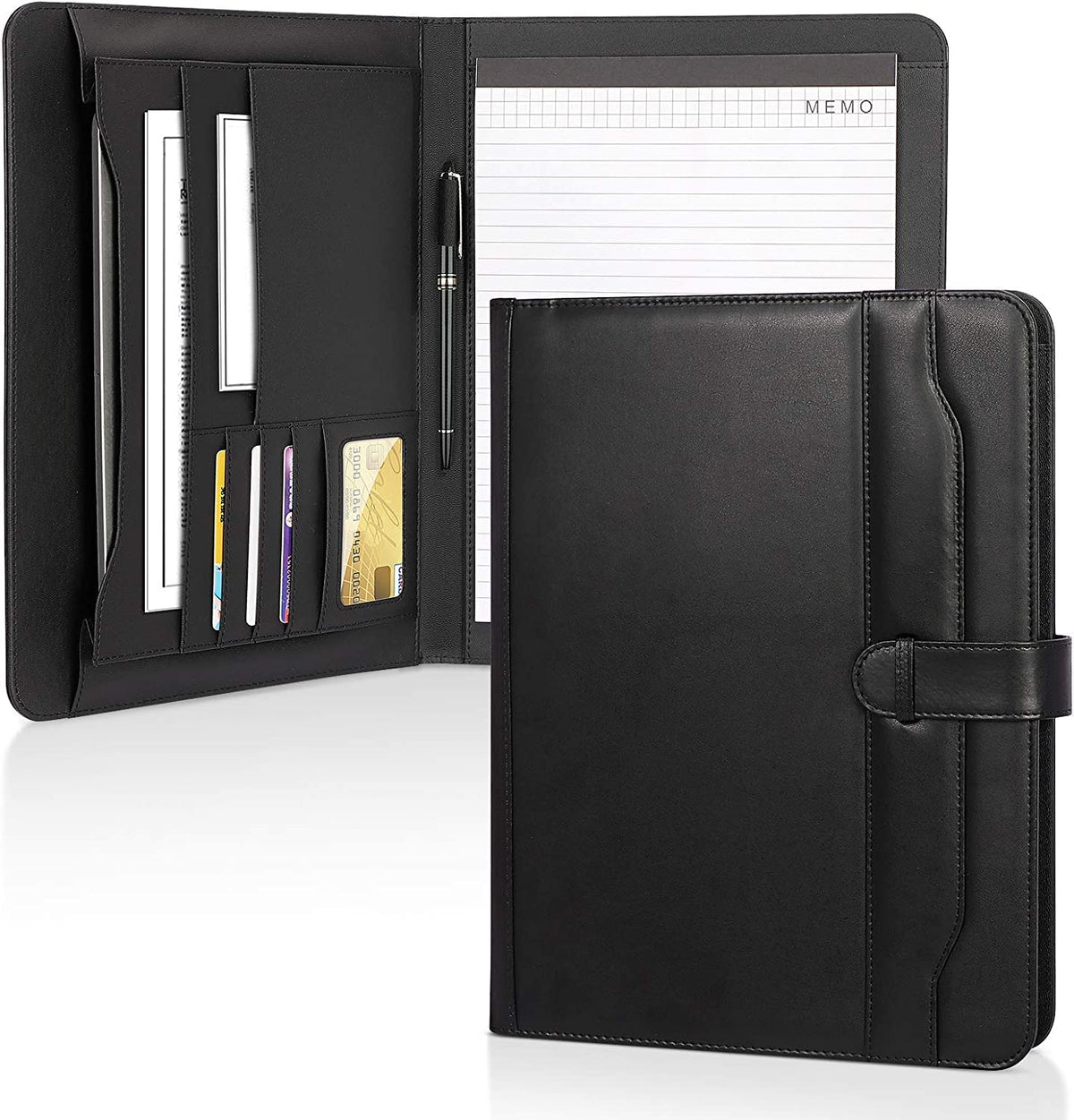 TERRIFI Portfolio Folder PU Leather Multifunctional Business Document Organizer Card Storage Letter Size Clipboard with Legal Pad for Interview Conference Presentation Paperwork Black