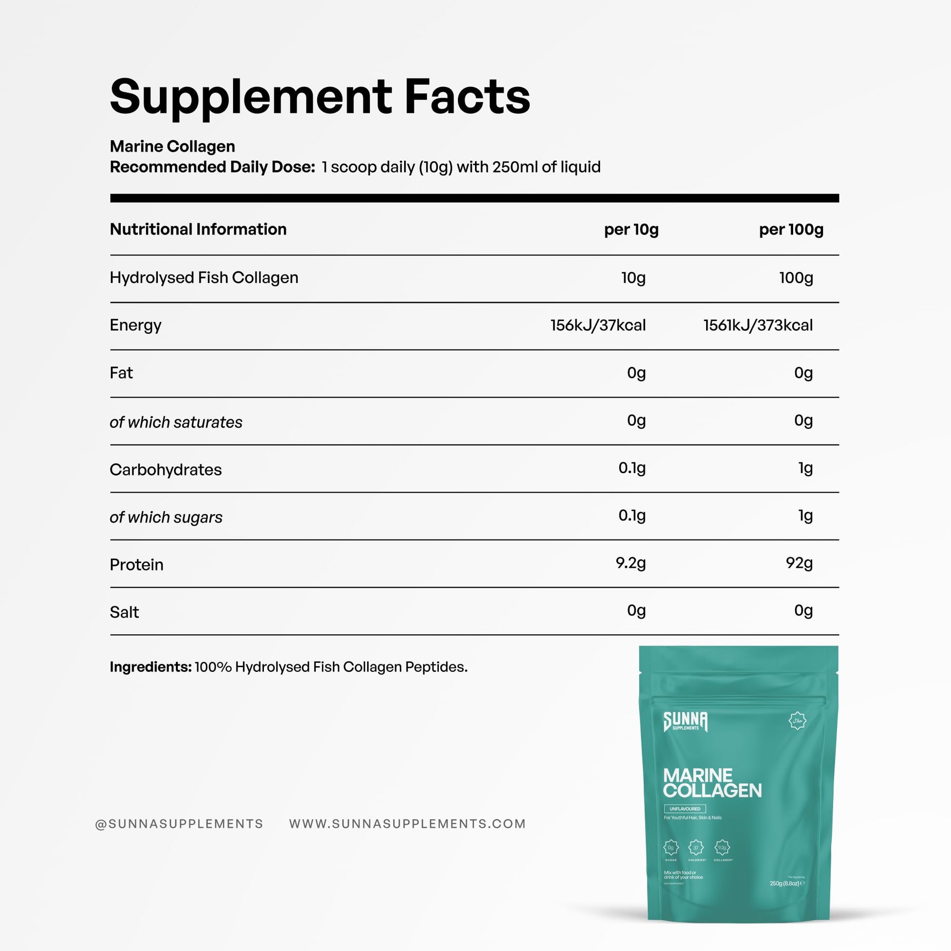 SUNNA SUPPLEMENTS Marine Collagen Powder - Pure Fish Peptides (Type 1 Collagen) - High Strength for Skin, Hair, Nails, and Joints - Non-GMO & Unflavoured - 250g Pouch - Medaid International